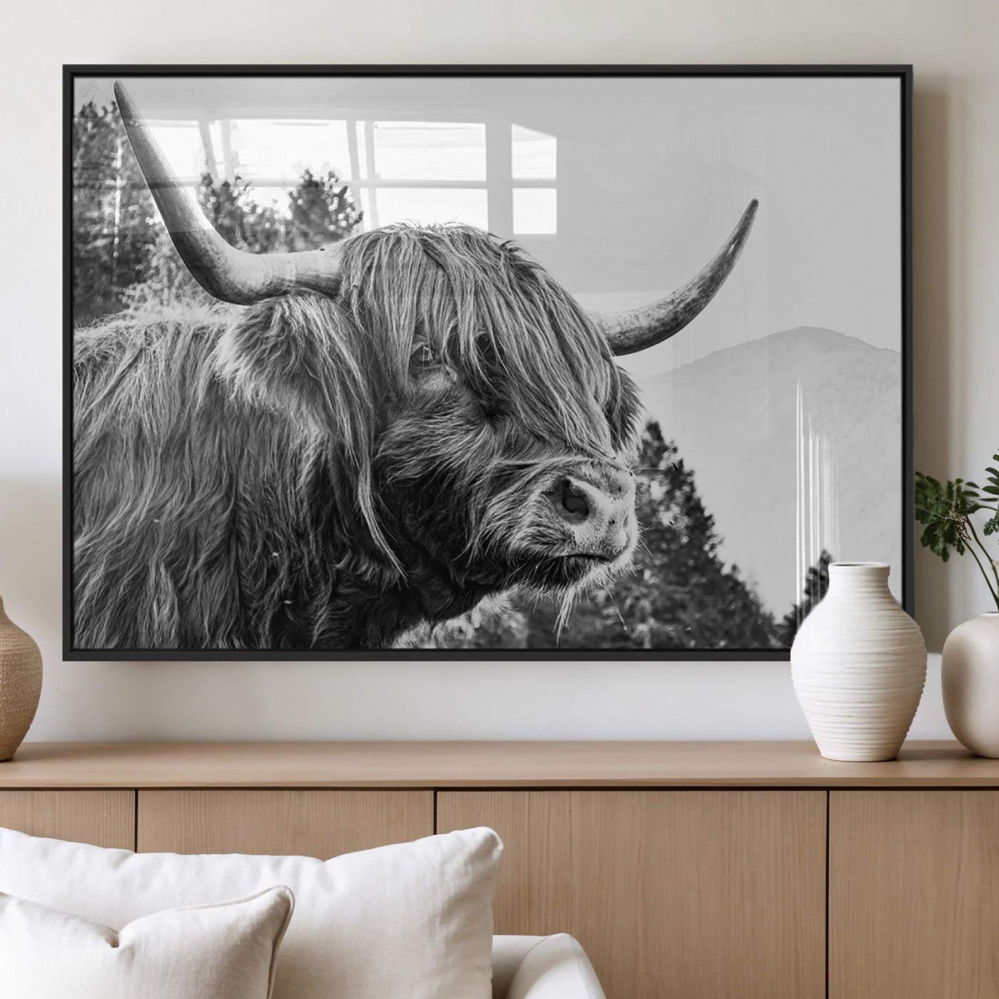 61570-MGV-FP-36X24-3P_Black-Highland Cow Wall Art – Black and White Scottish Bull Canvas Print, Rustic Farmhouse Animal Decor for Living Room, Bedroom, or