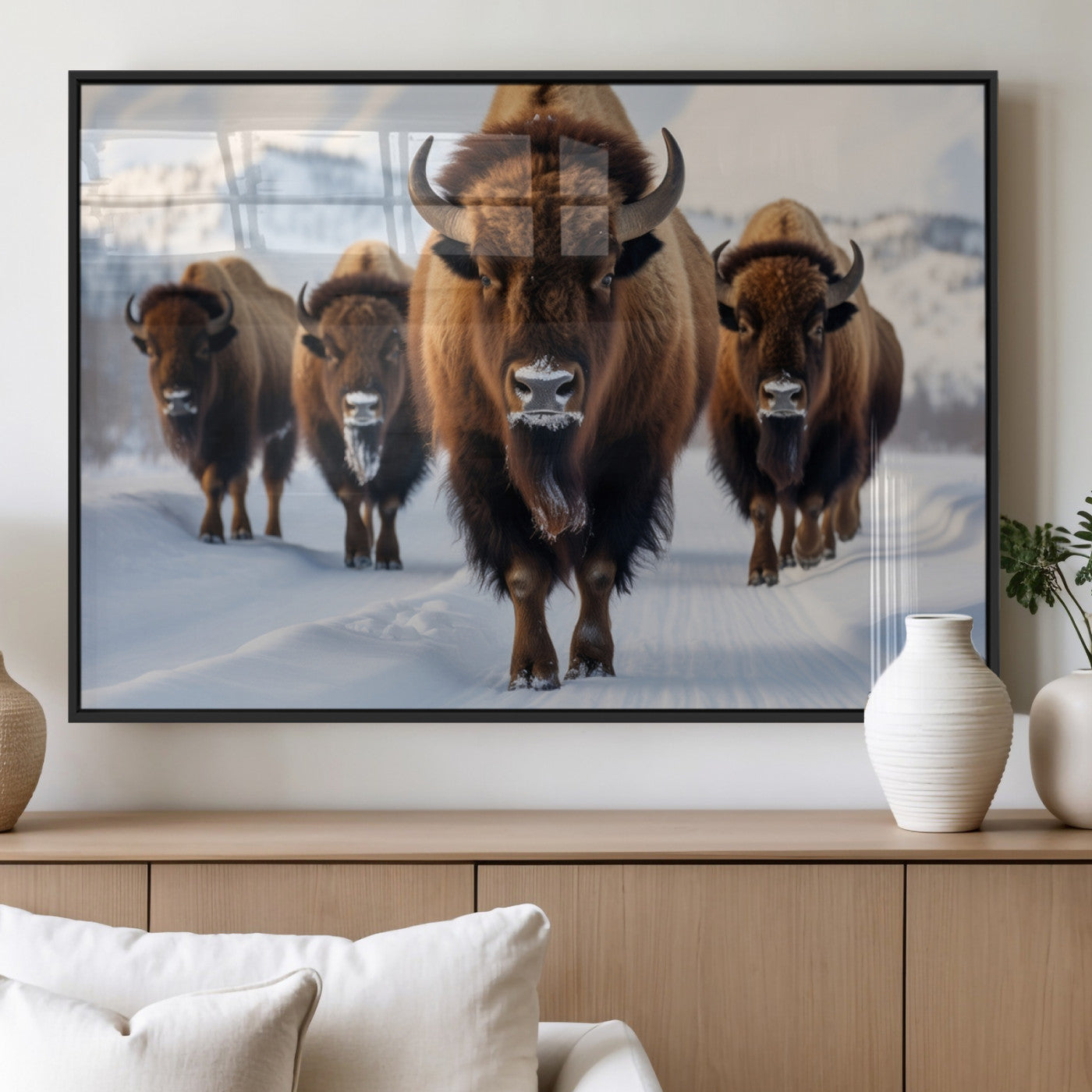 56701-MGV-FP-36X24-3P_Black-Bison Herd Wall Art – Buffalo Walking in Snowy Mountains Canvas Print, Rustic Wildlife Decor for Cabin, Lodge, or Living Room