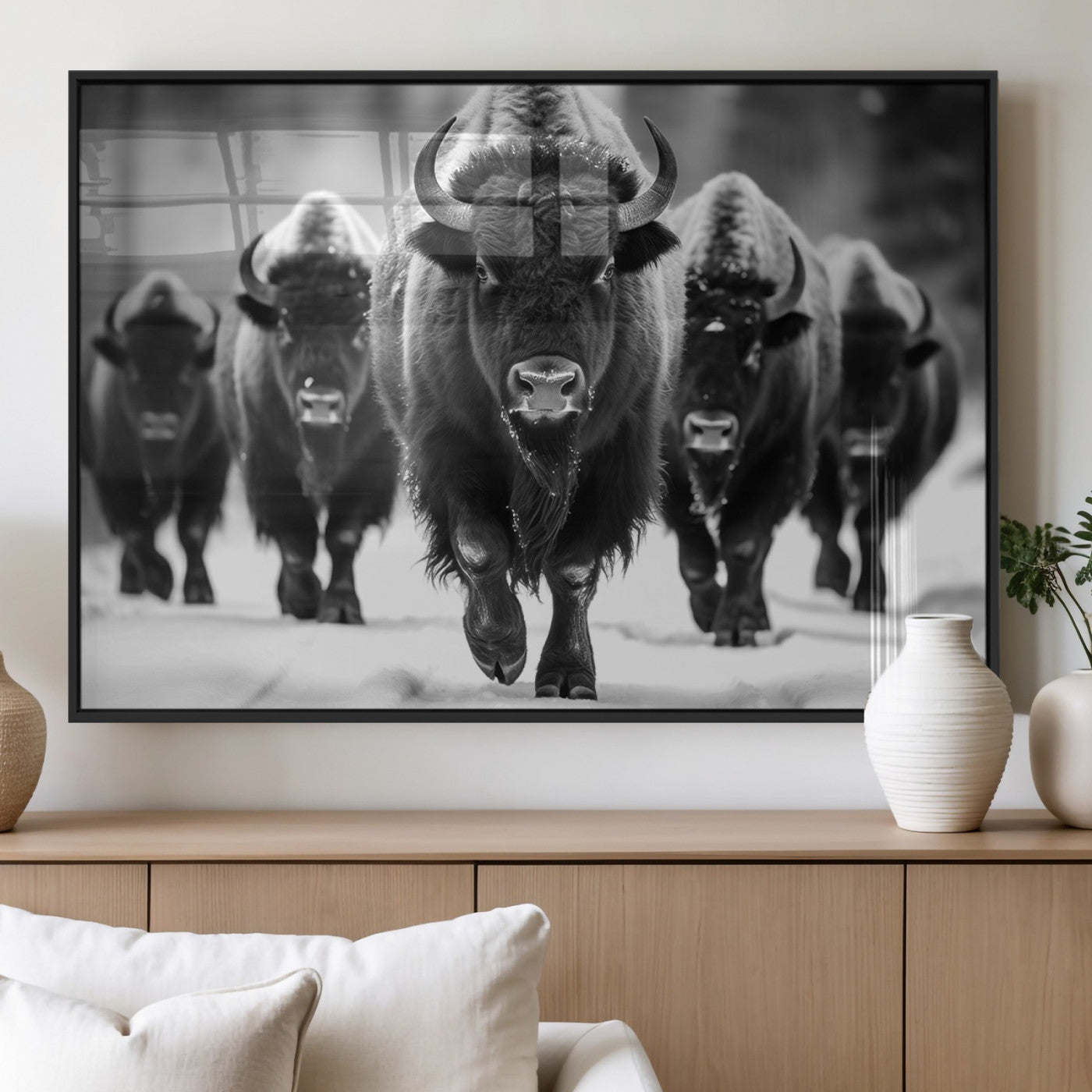 79872-MGV-FP-36X24-3P_Black-Bison Herd Wall Art – Black and White Buffalo on Snow Canvas Print, Rustic Wildlife Decor for Lodge, Cabin, or Living Room