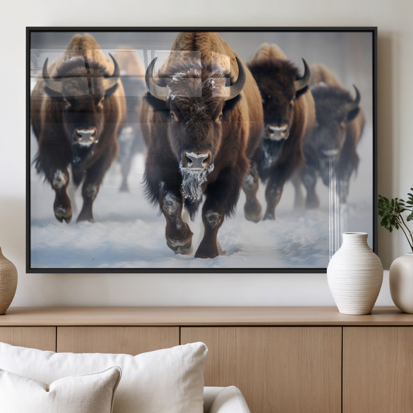 80512-MGV-FP-60X30-3P_Black-Bison Herd Wall Art – Buffalo Running in Snow Canvas Print, Rustic Wildlife Photography Decor for Cabin, Lodge, or Living Room