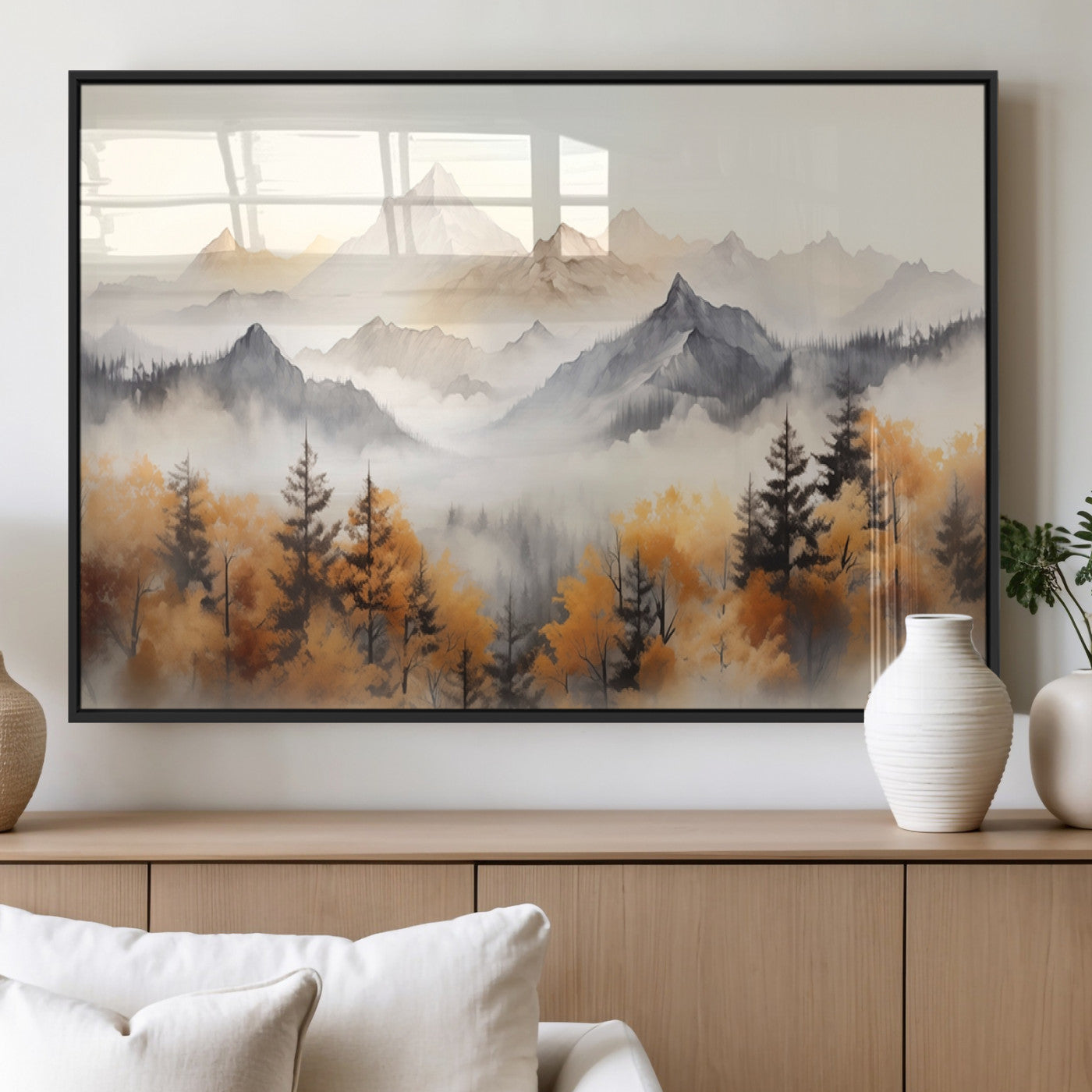 70049-MGV-FP-36X24-3P_Black-Autumn Mountain Forest Wall Art – Misty Landscape Canvas Print, Rustic Nature Inspired Decor for Living Room, Bedroom or Office