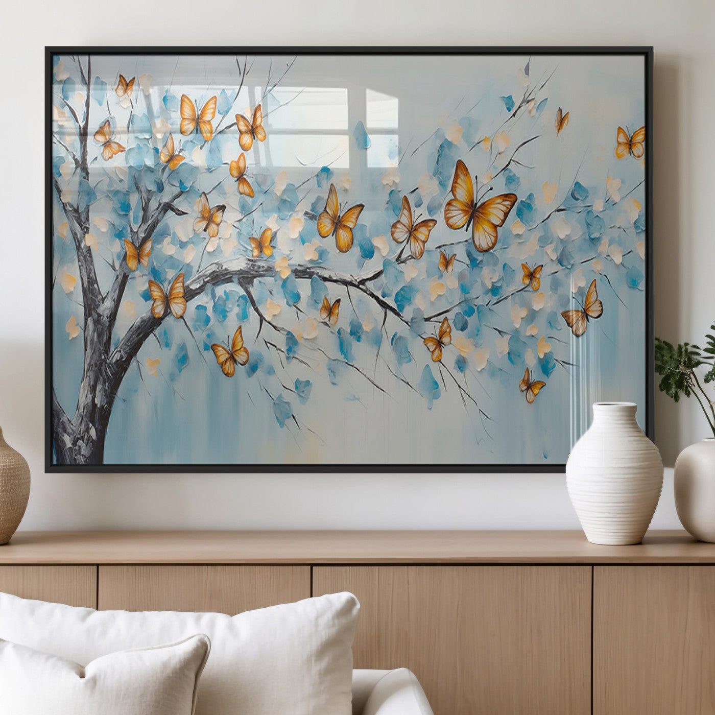 59455-MGV-FP-36X24-3P_Black-Butterfly Tree Branch Wall Art – Blue and Yellow Abstract Canvas Print, Modern Nature Artwork for Living Room, Bedroom or Office