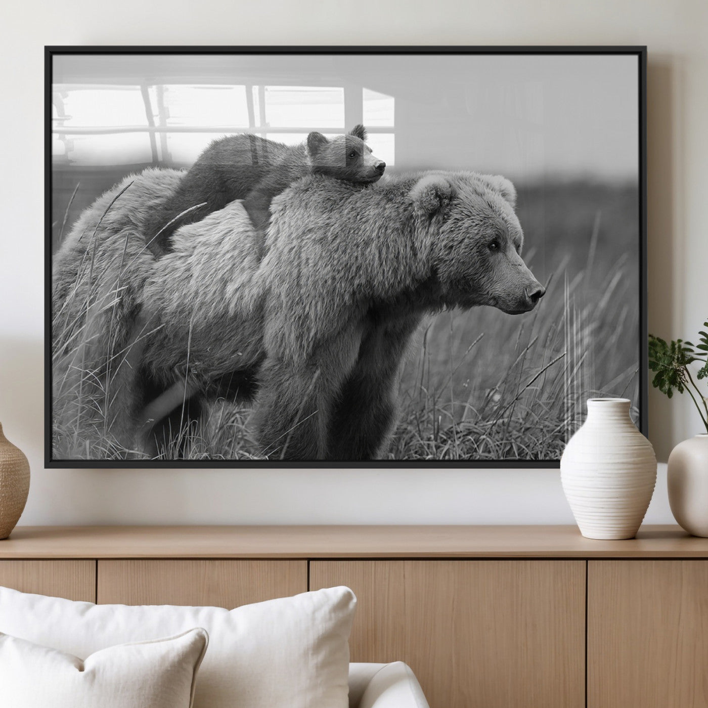 76338-MGV-FP-36X24-3P_Black-Mother Bear and Cub Wall Art – Black and White Wildlife Canvas Print, Rustic Nature Photography for Cabin, Living Room or Office