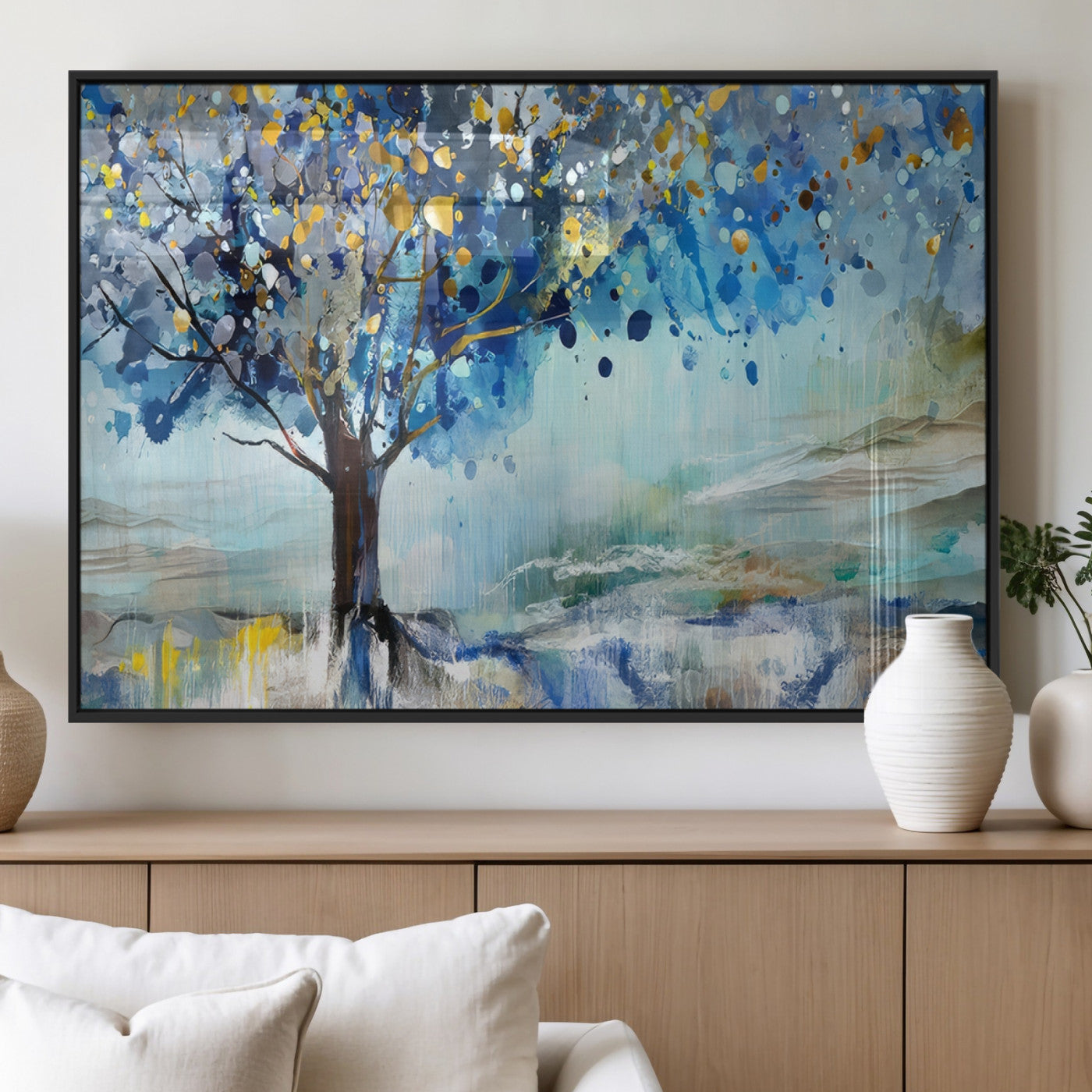 17018-MGV-FP-36X24-3P_Black-Abstract Blue Tree Wall Art – Colorful Canvas Painting with Gold and Silver Accents, Modern Nature Artwork for Living Room,