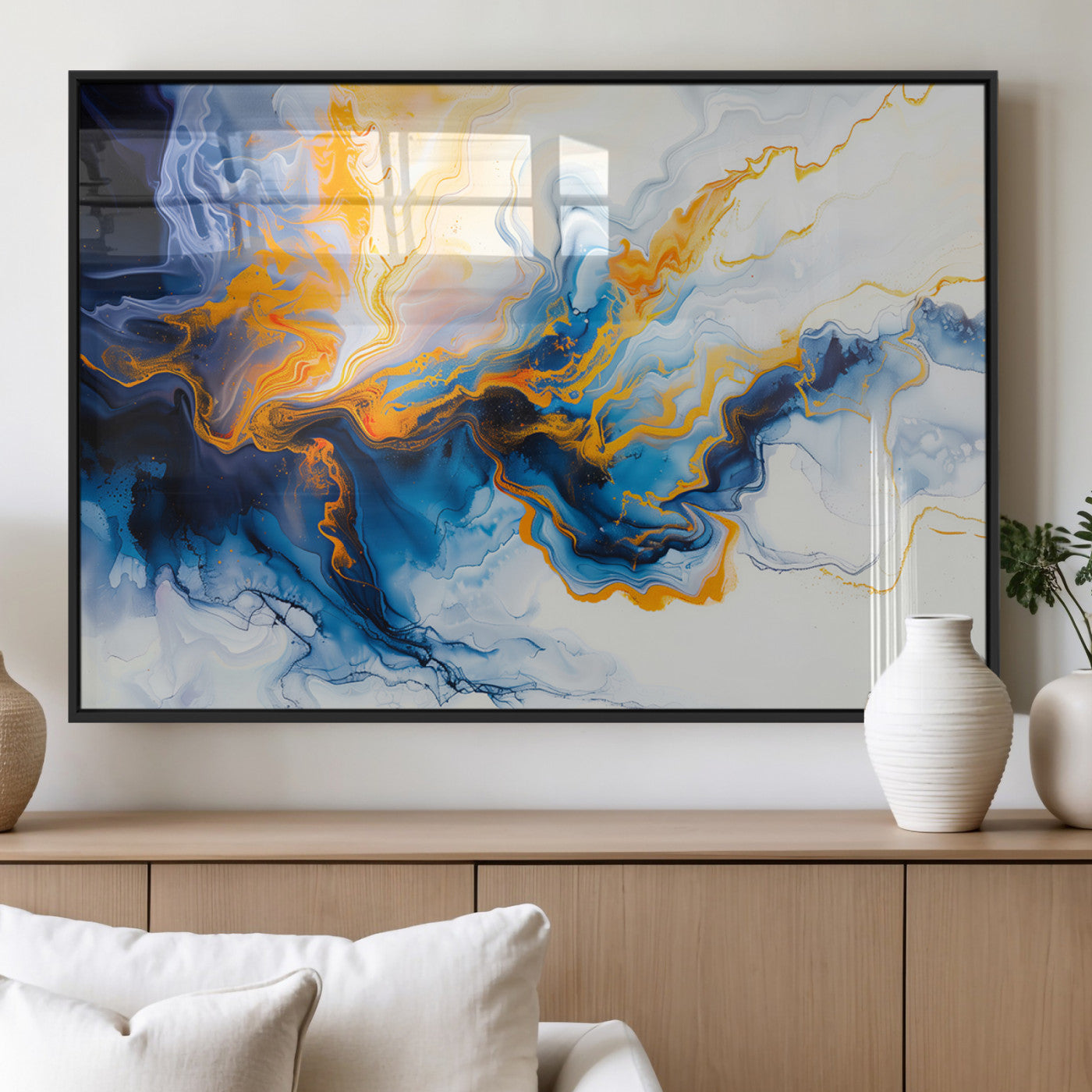 83720-MGV-FP-36X24-3P_Black-Abstract Fluid Wall Art – Blue, White and Gold Swirl Canvas Painting, Modern Contemporary Artwork for Living Room, Bedroom or