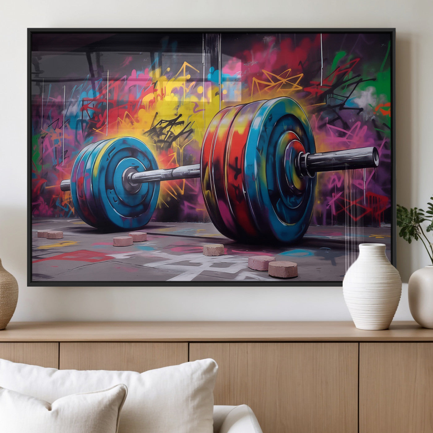 13549-MGV-FP-36X24-3P_Black-Graffiti Gym Wall Art Canvas Print, Framed Graffiti Barbell Art Picture Print, Weightlifting Perfect Fitness Studio Decor Artwork