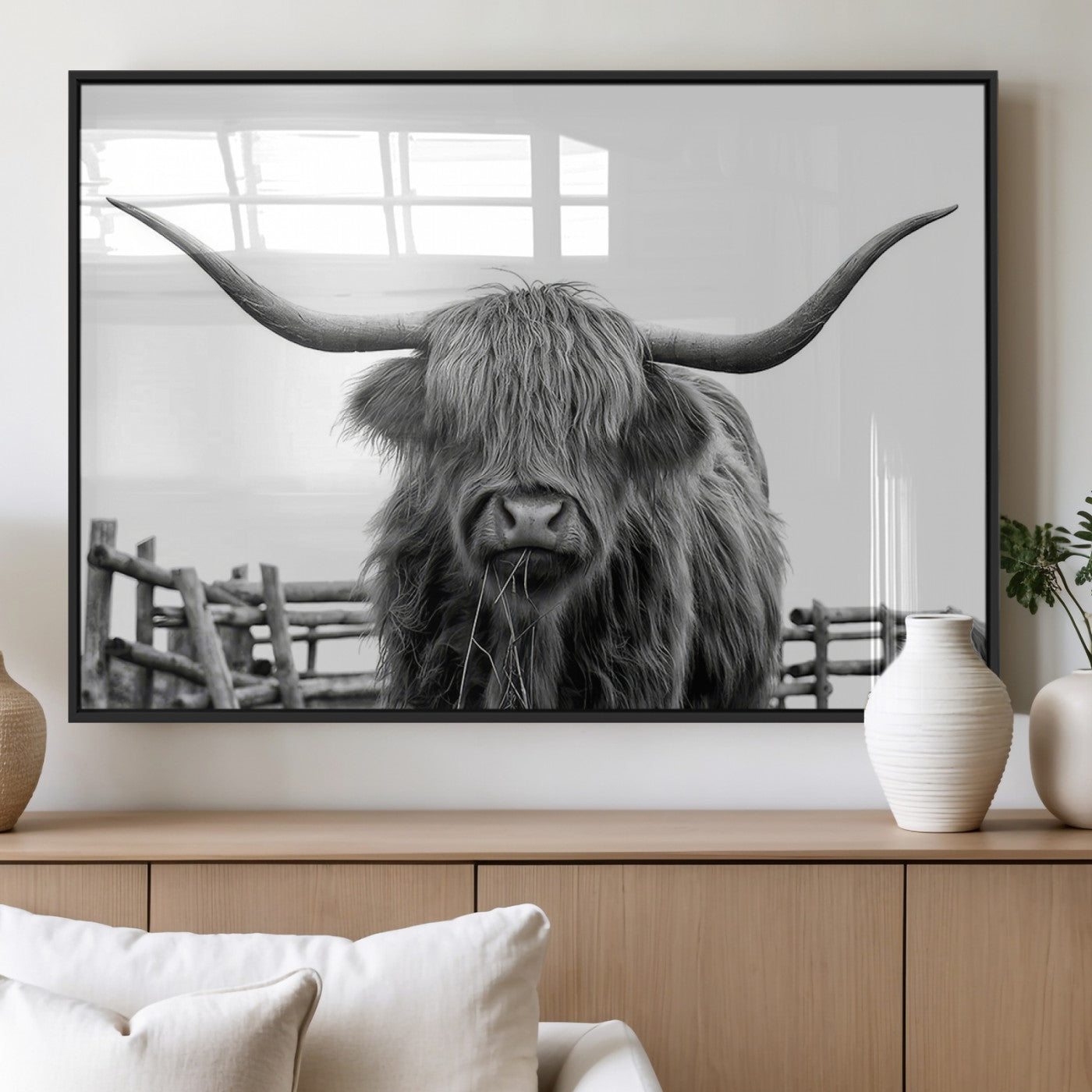 58188-MGV-FP-36X24-3P_Black-Highland Cow Wall Art – Black and White Rustic Farmhouse Canvas Print, Longhorn Cattle Photography Decor for Living Room or