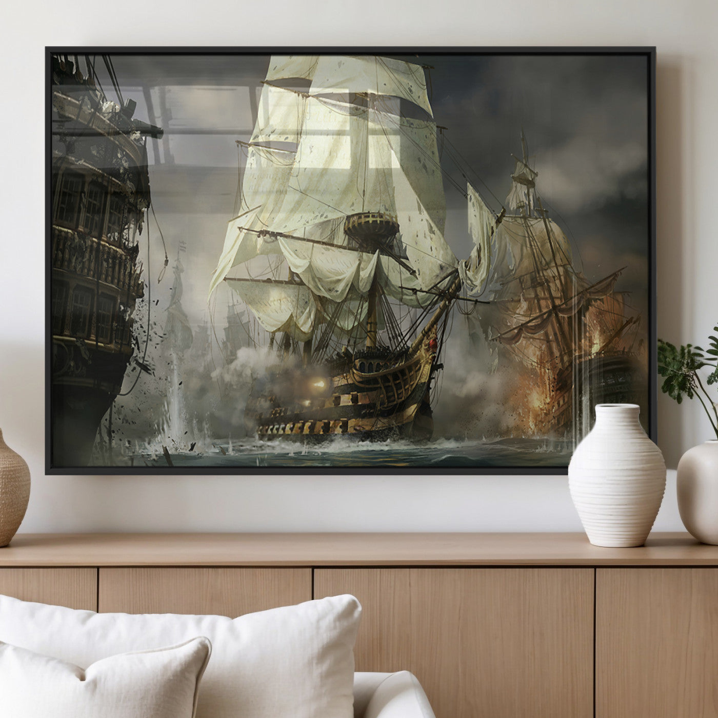 26512-MGV-FP-36X24-3P_Black-Naval Battle Wall Art – Dramatic Tall Ship Canvas Print, Historic Pirate Sailing War Scene, Nautical Decor for Office, Study or