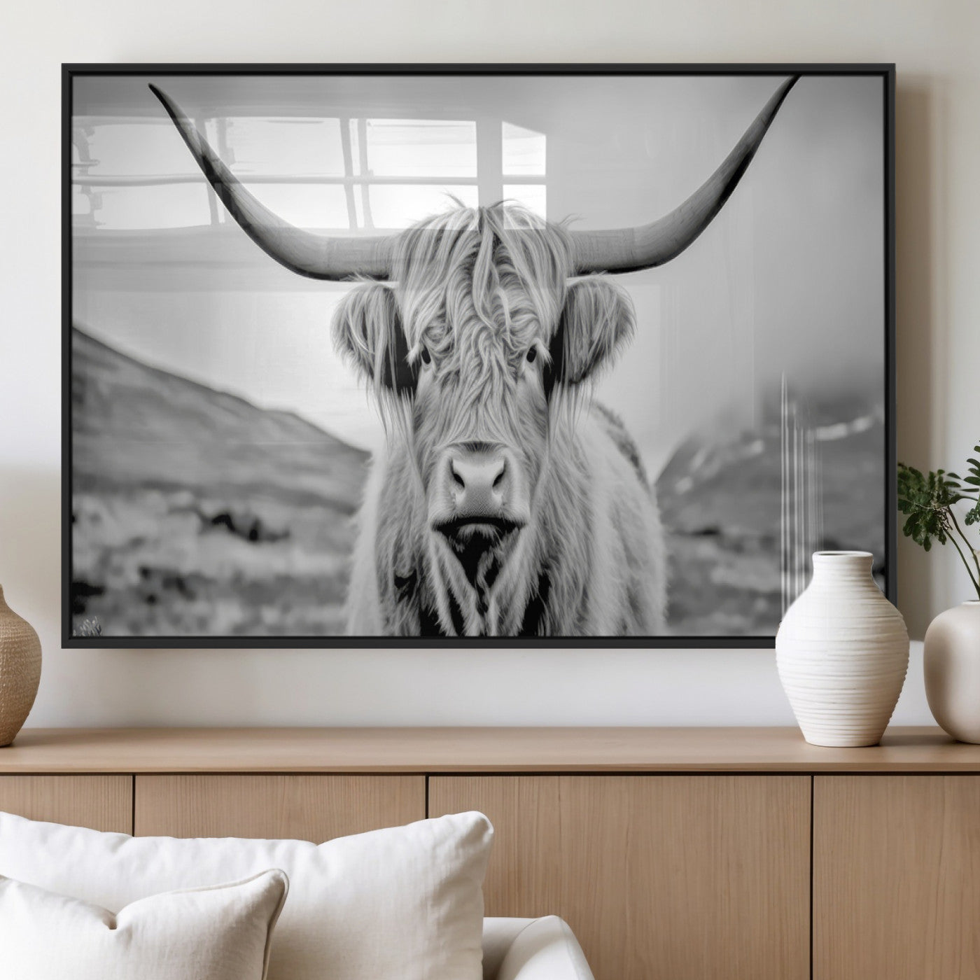 80564-MGV-FP-36X24-3P_Black-Highland Cow Wall Art – Black and White Scottish Highland Canvas Print, Rustic Farmhouse Decor for Living Room, Bedroom or Office