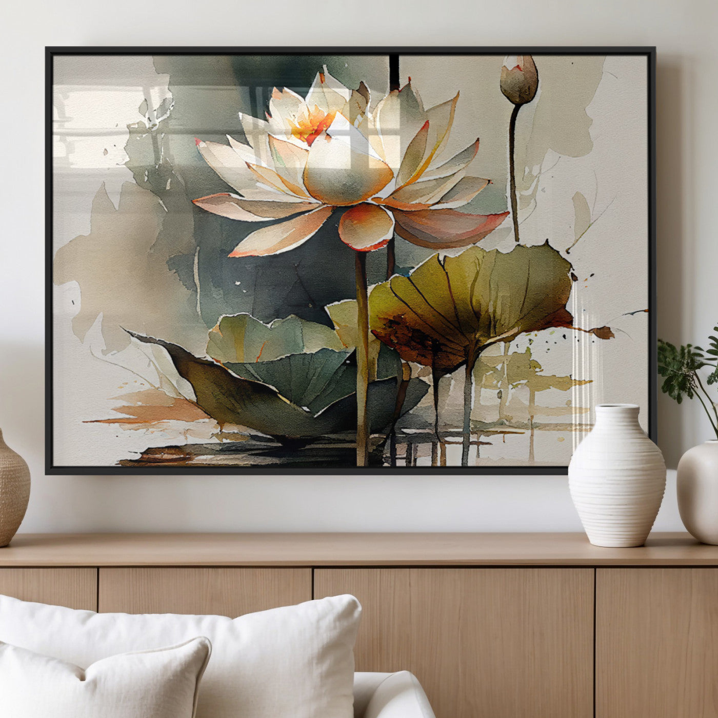 62531-MGV-FP-36X24-3P_Black-Lotus Flower Wall Art – Watercolor Botanical Canvas Print, Tranquil Nature Artwork for Living Room, Bedroom or Meditation Space