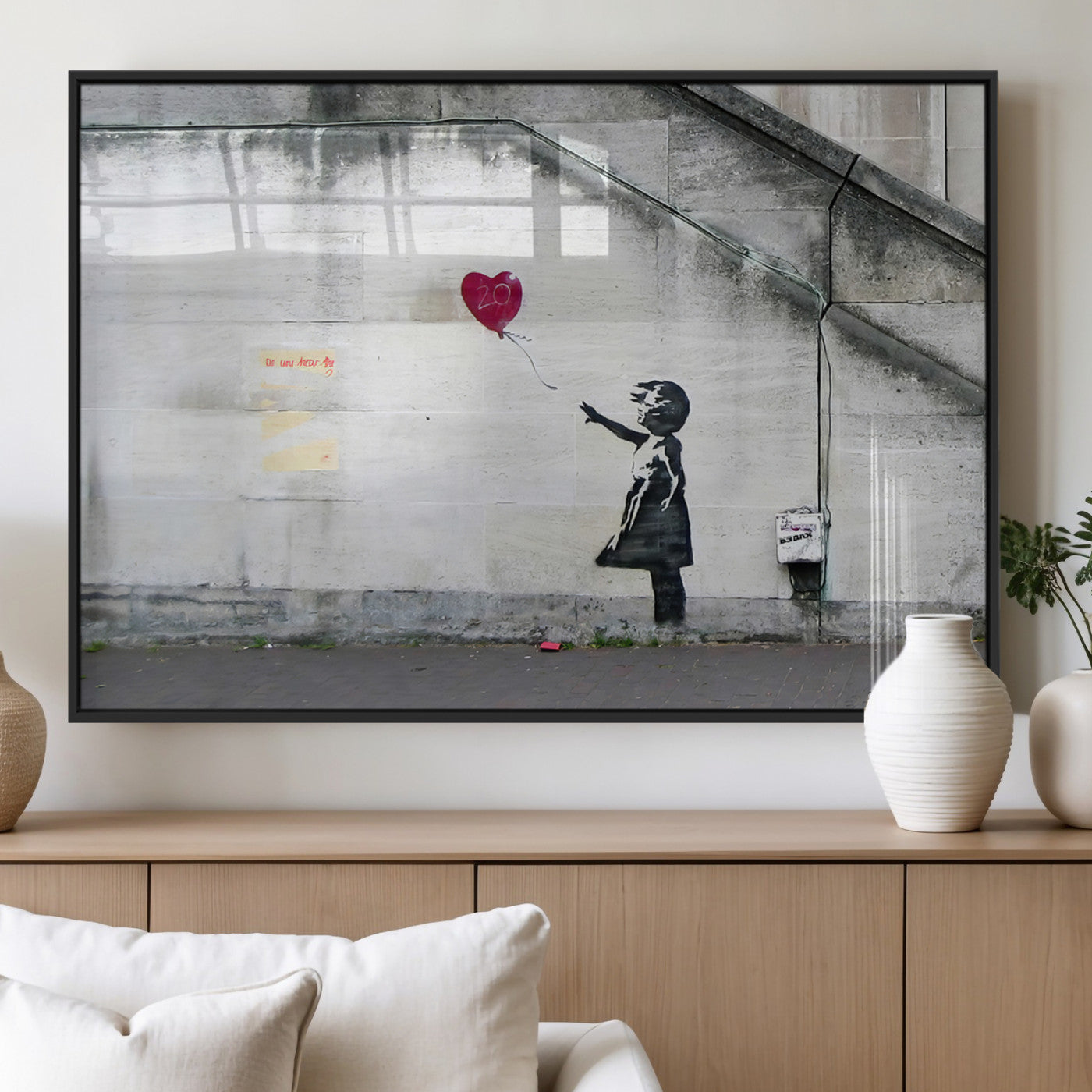50559-MGV-FP-36X24-3P_Black-Banksy Girl with Balloon Wall Art – Famous Street Graffiti Canvas Print, Modern Urban Artwork for Living Room, Bedroom or Office