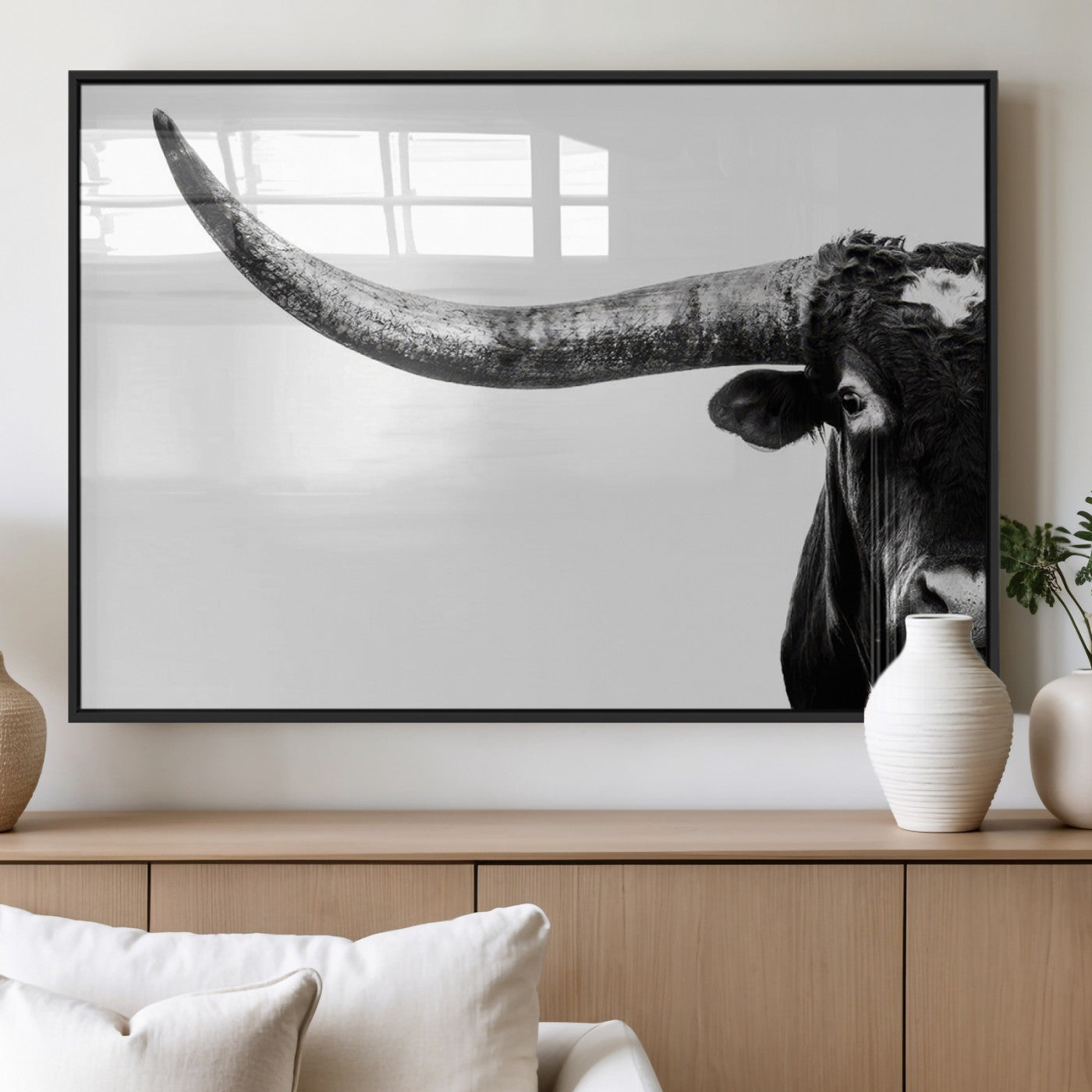 31699-MGV-FP-36X24-3P_Black-Longhorn Wall Art – Black and White Texas Longhorn Cow Canvas Print, Rustic Western Farmhouse Artwork for Living Room, Bedroom or