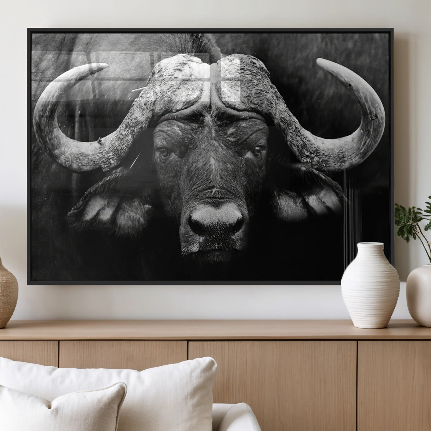 75273-MGV-FP-36X24-3P_Black-Buffalo Wall Art – Black and White African Buffalo Canvas Print, Rustic Wildlife Animal Artwork for Farmhouse, Living Room,