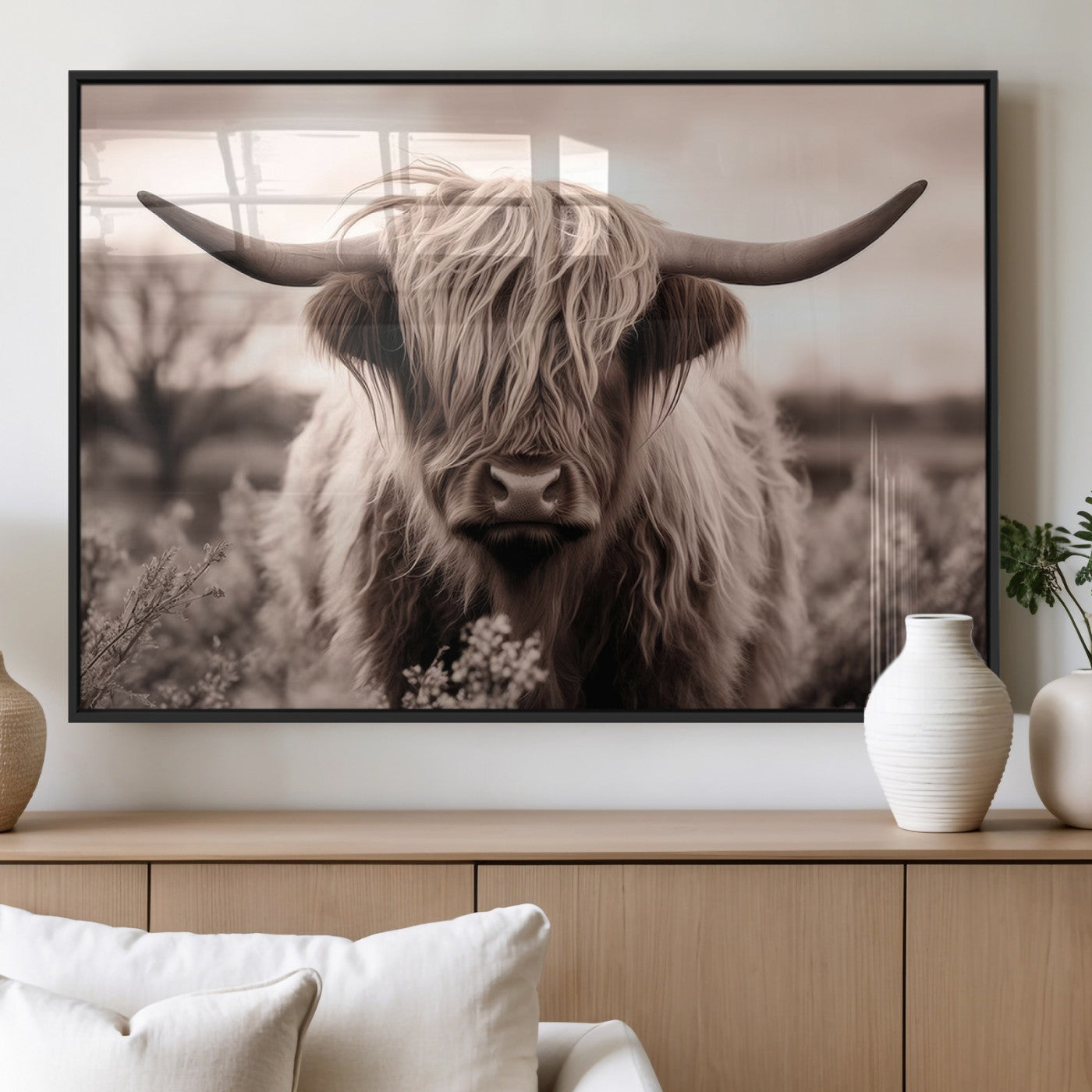 55903-MGV-FP-36X24-3P_Black-Highland Cow Wall Art – Rustic Sepia Scottish Highland Bull Canvas Print, Farmhouse Country Animal Decor for Living Room, Bedroom