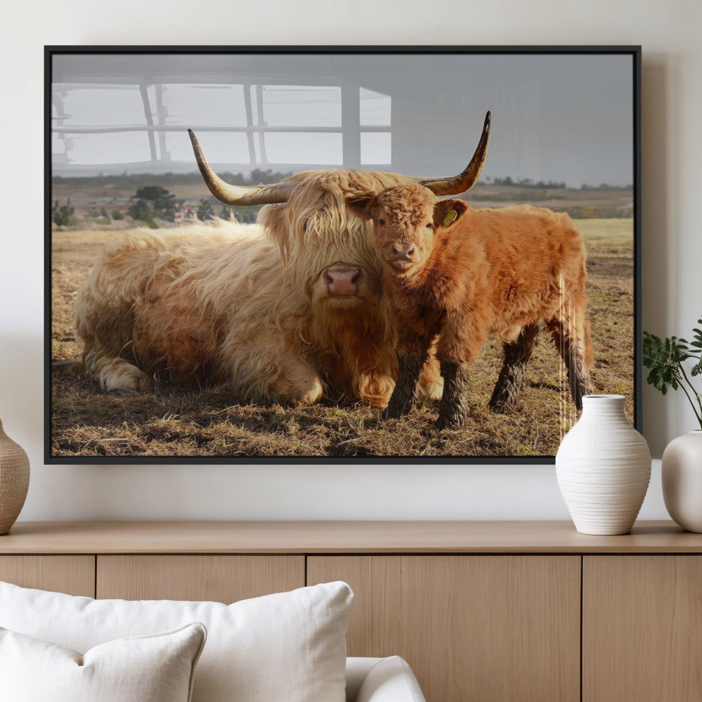 53461-MGV-FP-36X24-3P_Black-Highland Cow Family Wall Art – Rustic Farmhouse Animal Canvas Print, Country Decor for Living Room, Bedroom or Office, Calf and