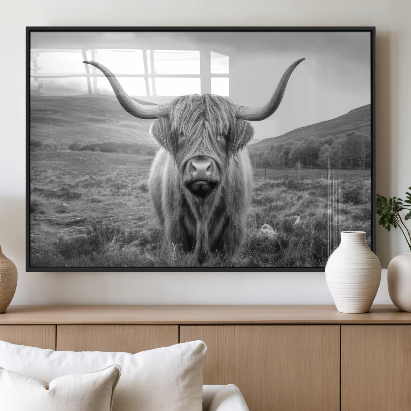 52903-MGV-FP-60X30-3P_Black-Highland Cow Wall Art – Black and White Canvas Print Rustic Cattle Portrait, Farmhouse Country Decor for Living Room, Office,