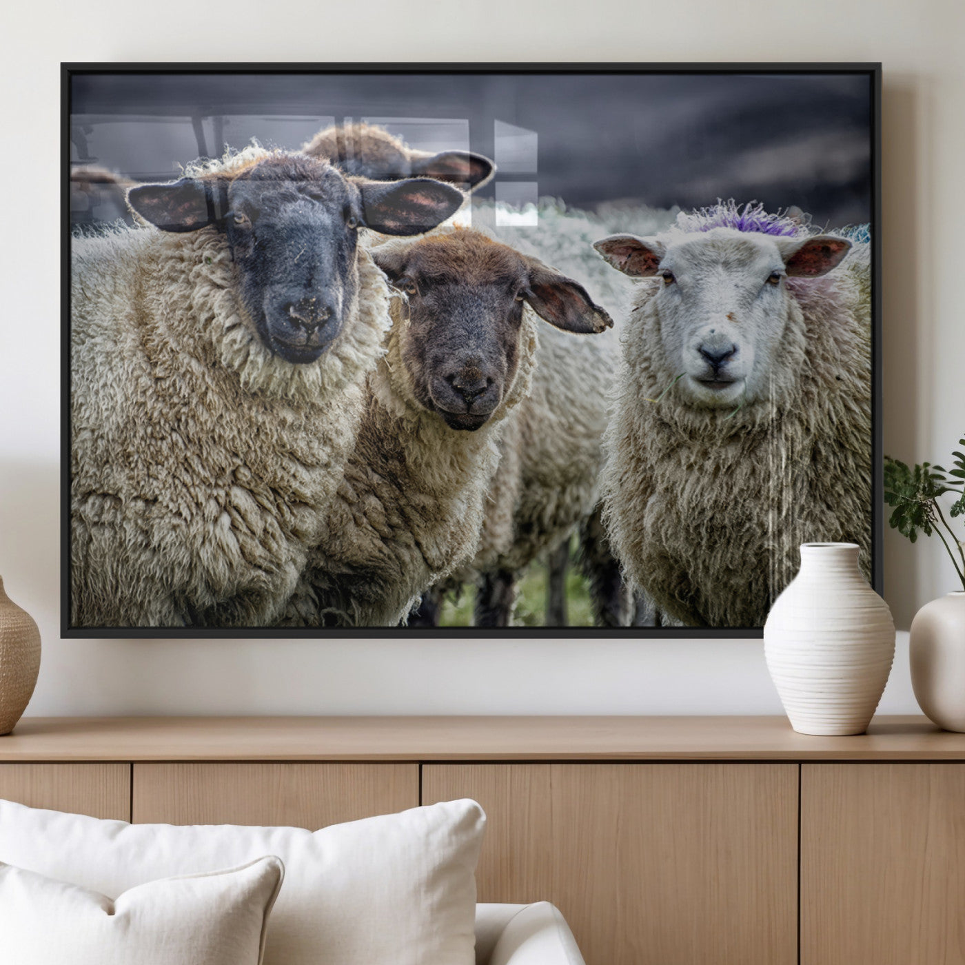 18418-MGV-FP-60X30-3P_Black-Sheep Wall Art Canvas Print, Framed Farmhouse Sheep Art Picture Print, Sheep Herd Perfect Rustic Farmhouse Decor Artwork