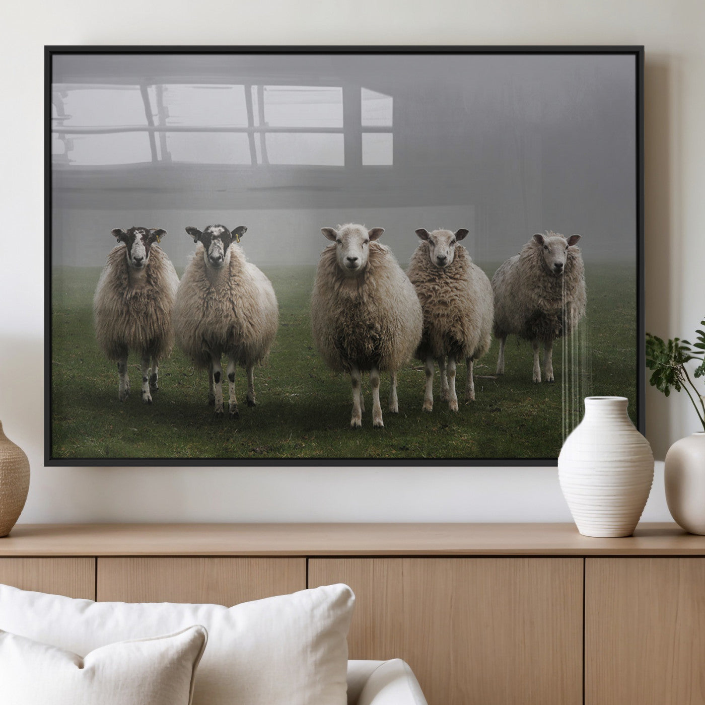 87339-MGV-FP-60X30-3P_Black-Sheep Wall Art – Rustic Farmhouse Canvas Print Flock Standing Misty Field Countryside Photography, Country Animal Decor for Living
