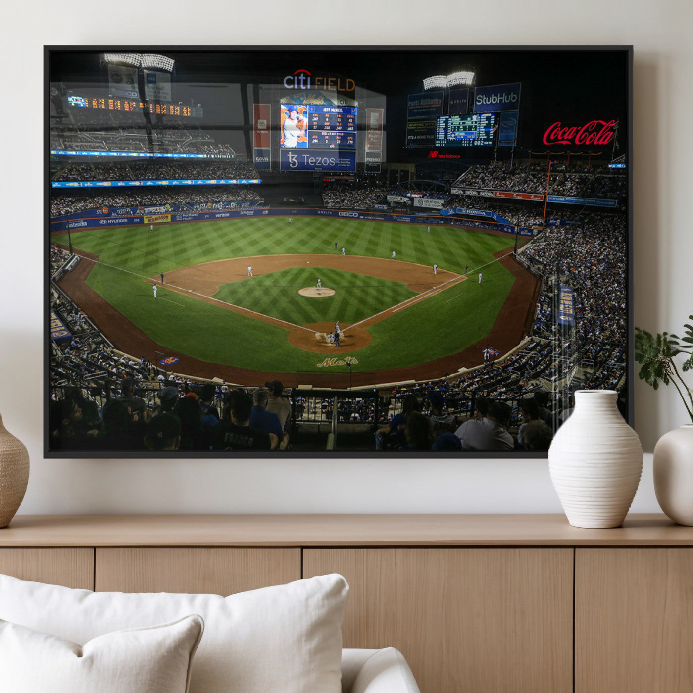 25148-MGV-FP-60X30-3P_Black-Baseball Stadium Wall Art – Canvas Print Night Game Packed Crowd Bright Lights Sports Photography, Dynamic Decor for Game Room,
