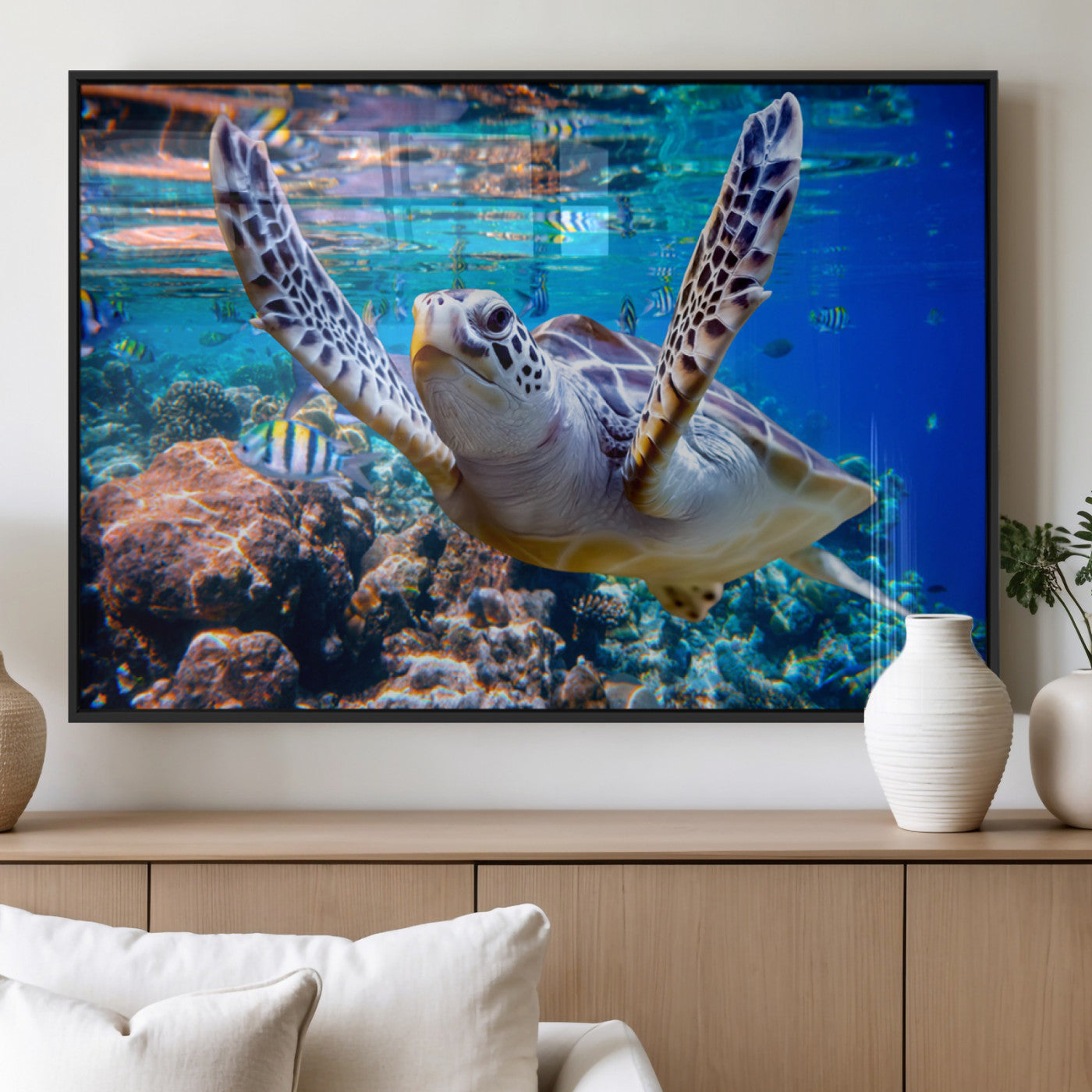 12683-MGV-FP-36X24-3P_Black-Sea Turtle Wall Art – Graceful Ocean Canvas Print with Coral Reef and Tropical Fish, Coastal Marine Life Decor for Beach House,