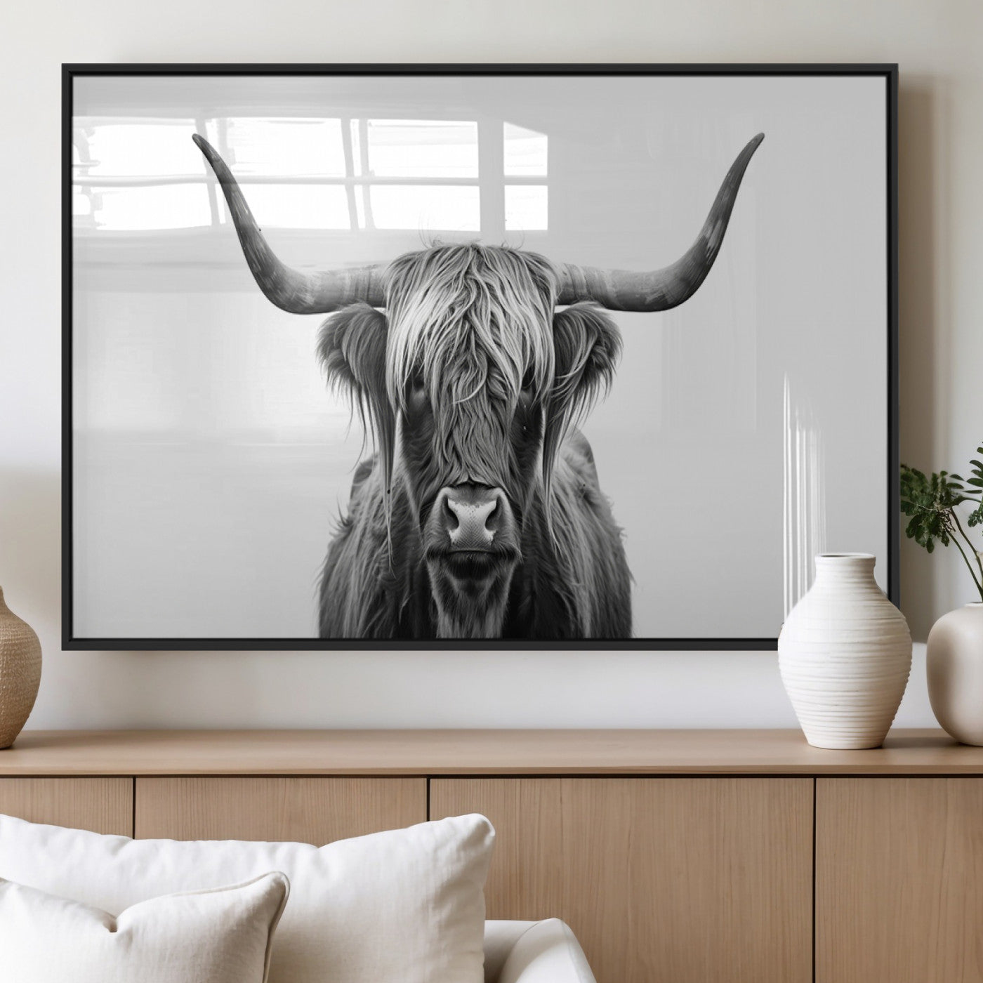 49556-MGV-FP-36X24-3P_Black-Highland Cow Wall Art – Black and White Scottish Highland Cattle Print, Rustic Farmhouse Minimalist Animal Portrait Canvas for