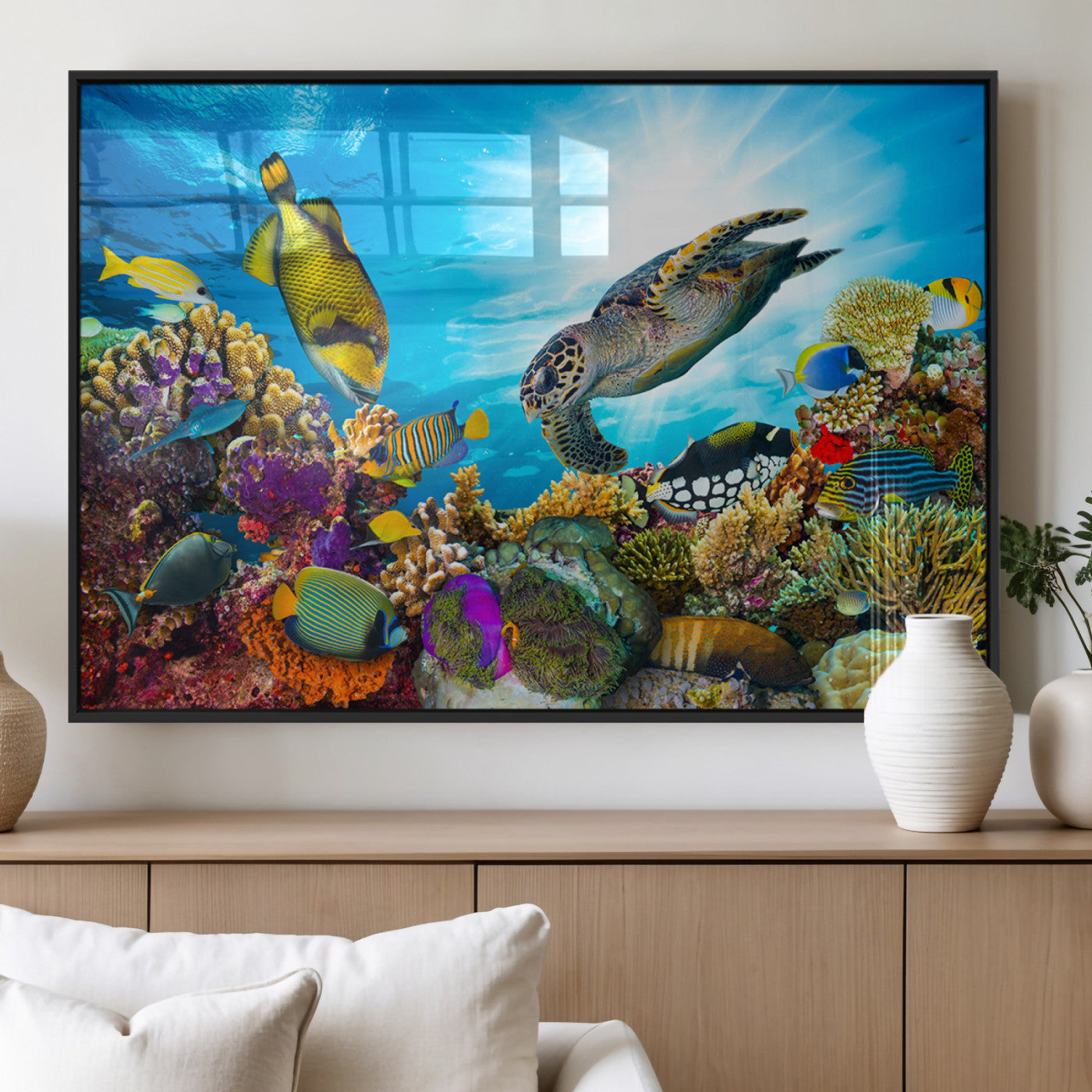 44772-MGV-FP-36X24-3P_Black-Underwater Sea Turtle Wall Art – Vibrant Coral Reef and Tropical Fish Canvas Print, Ocean Marine Life Decor for Living Room,