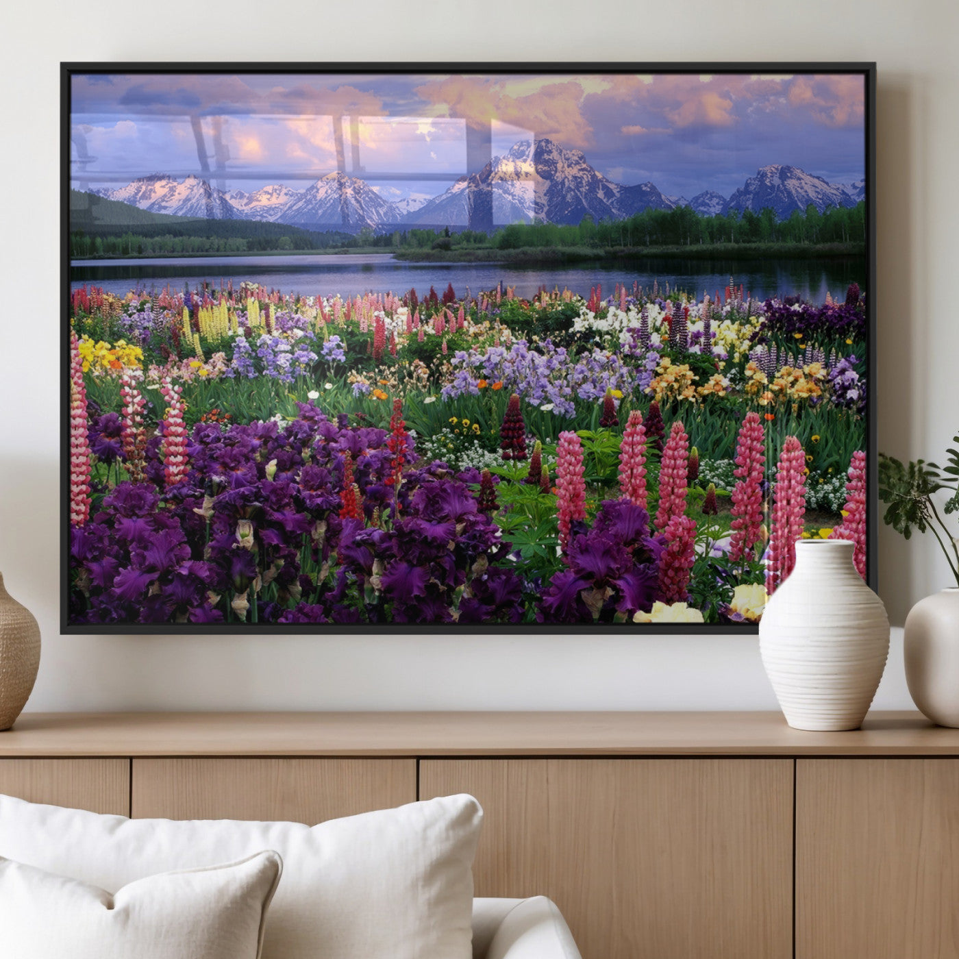 82270-MGV-FP-36X24-3P_Black-Colorful Wildflower Meadow Landscape Wall Art – Snow-Capped Mountain Lake Sunset Print, Vibrant Nature Artwork for Living Room,