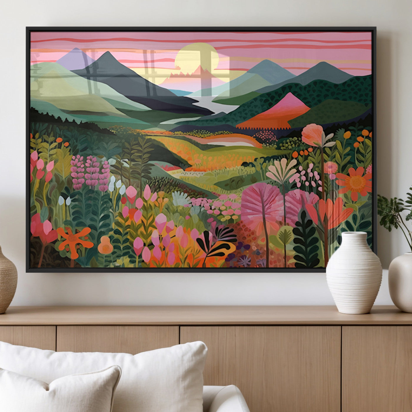 99638-MGV-FP-36X24-3P_Black-Sunset Meadow Wall Art – Panoramic Mountain Landscape with Wildflowers Canvas Print, Vibrant Nature Decor for Living Room, Bedroom