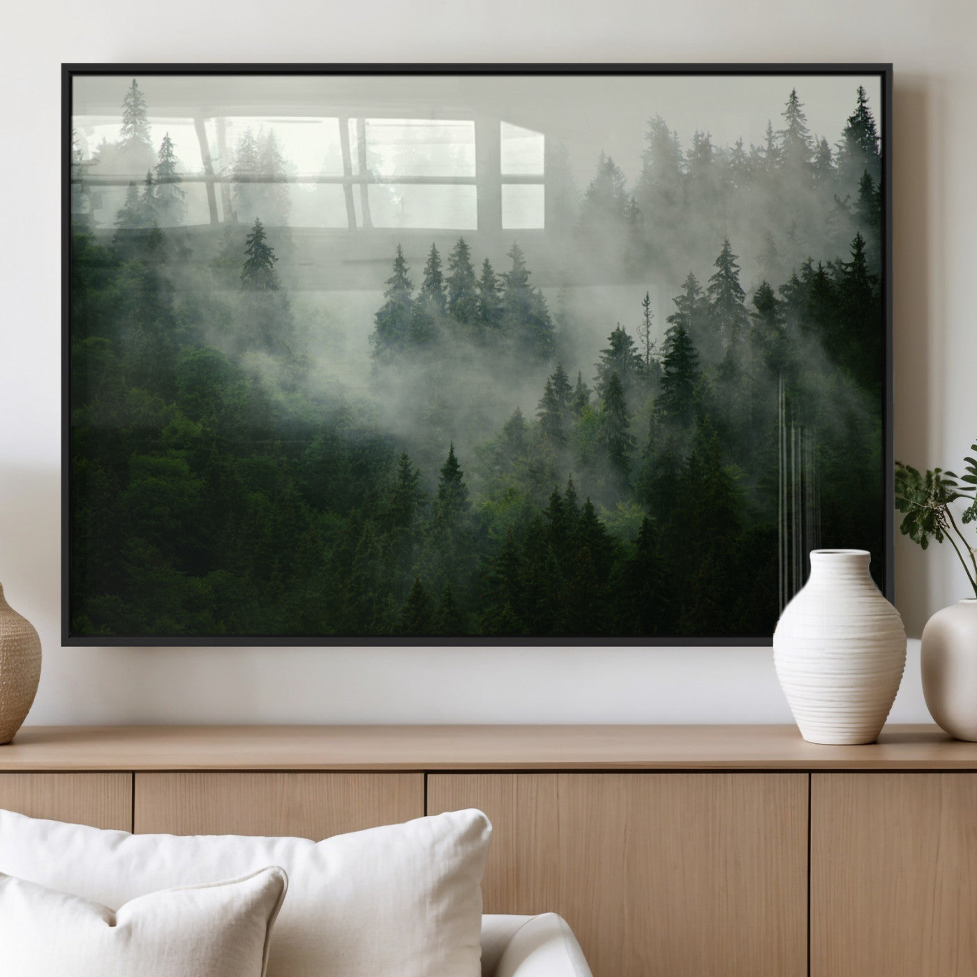 167720496-MGV-FP-36X24-3P_Black-Misty Forest Wall Art – Serene Evergreen Trees Canvas Print, Foggy Mountain Nature Landscape Decor for Bedroom, Living Room or