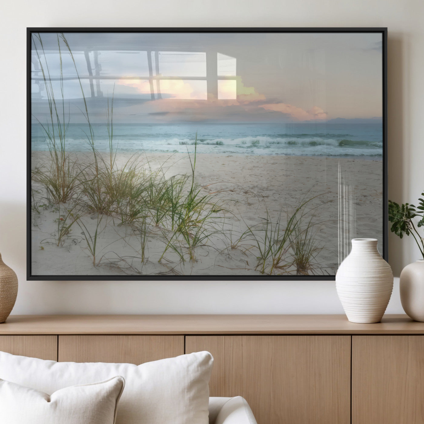 Test1001-MGV-FP-36X24-3P_Black-Coastal Beach Wall Art – Panoramic Ocean Waves and Sandy Dunes Canvas Print, Serene Seascape with Sea Oats for Relaxing Home or