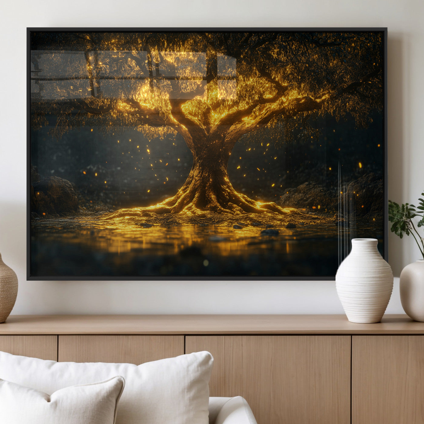 59580-MGV-FP-36X24-3P_Black-Glowing Tree Wall Art – Golden Fantasy Nature Canvas Print, Mystical Illuminated Tree Painting Poster for Living Room, Bedroom,