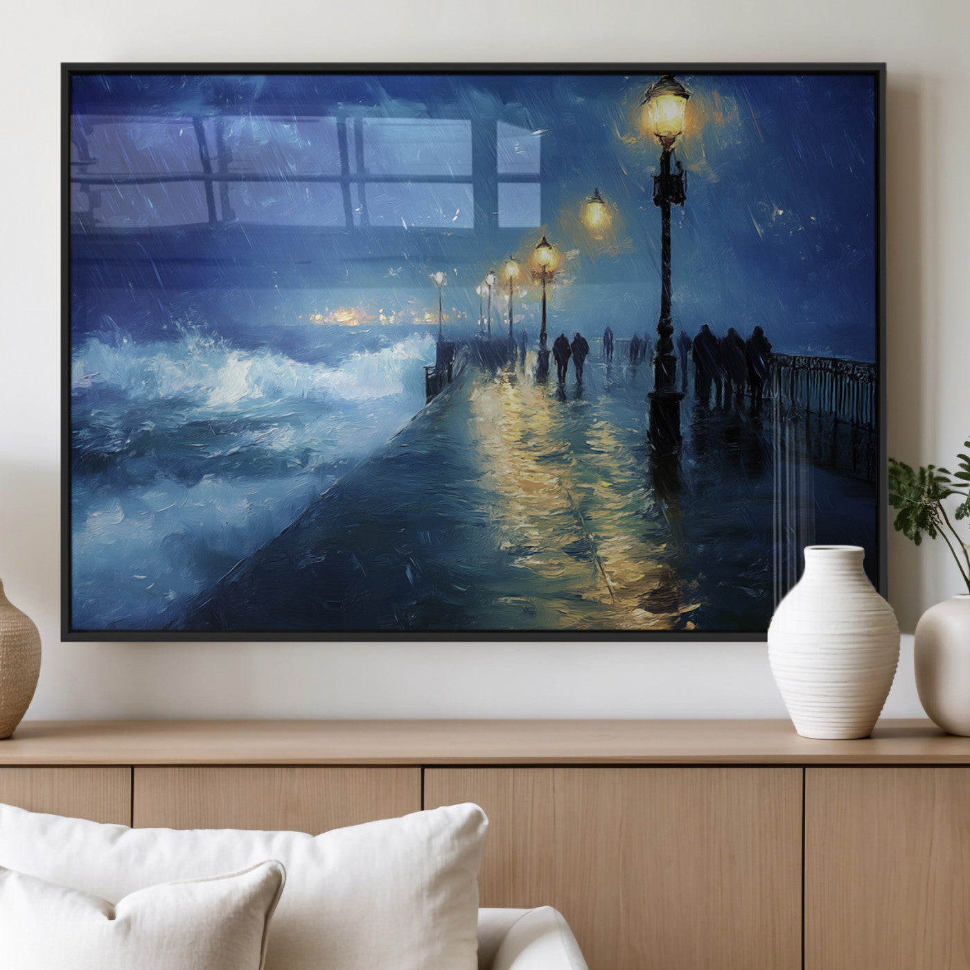 94571-MGV-FP-36X24-3P_Black-Seaside Night Wall Art – Ocean Waves and Street Lamps Canvas Print, Rainy City Pier Oil Painting Poster for Living Room, Bedroom,