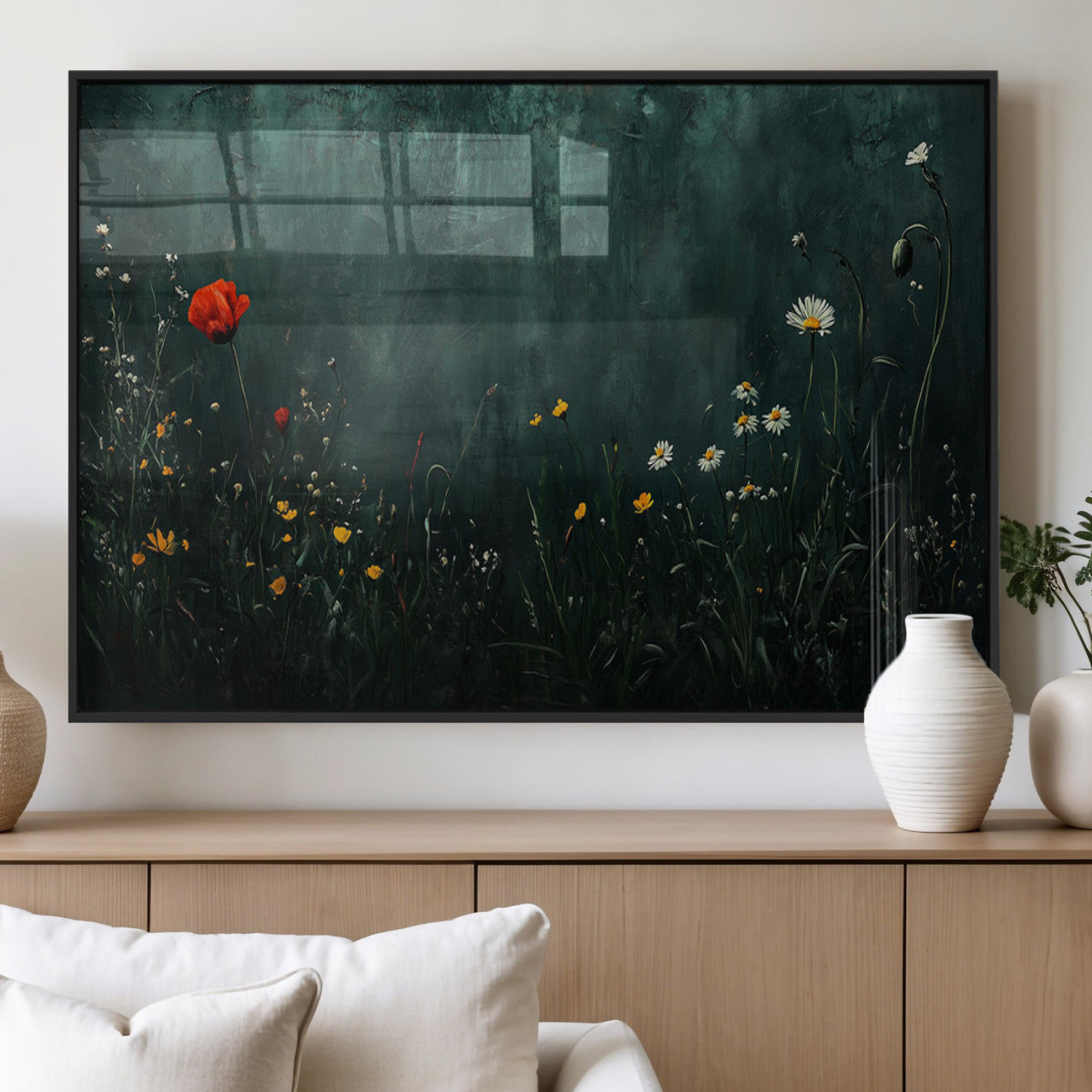 26218-MGV-FP-60X30-3P_Black-Wildflower Wall Art – Dark Botanical Floral Canvas Print, Modern Nature Painting Poster with Daisy Poppy Yellow Flowers for Living