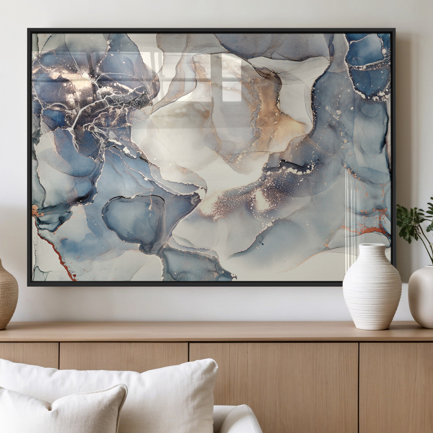 51497-MGV-FP-36X24-3P_Black-Abstract Blue and Gold Wall Art – Modern Fluid Ink Style Canvas Print, Elegant Contemporary Decor for Living Room, Office