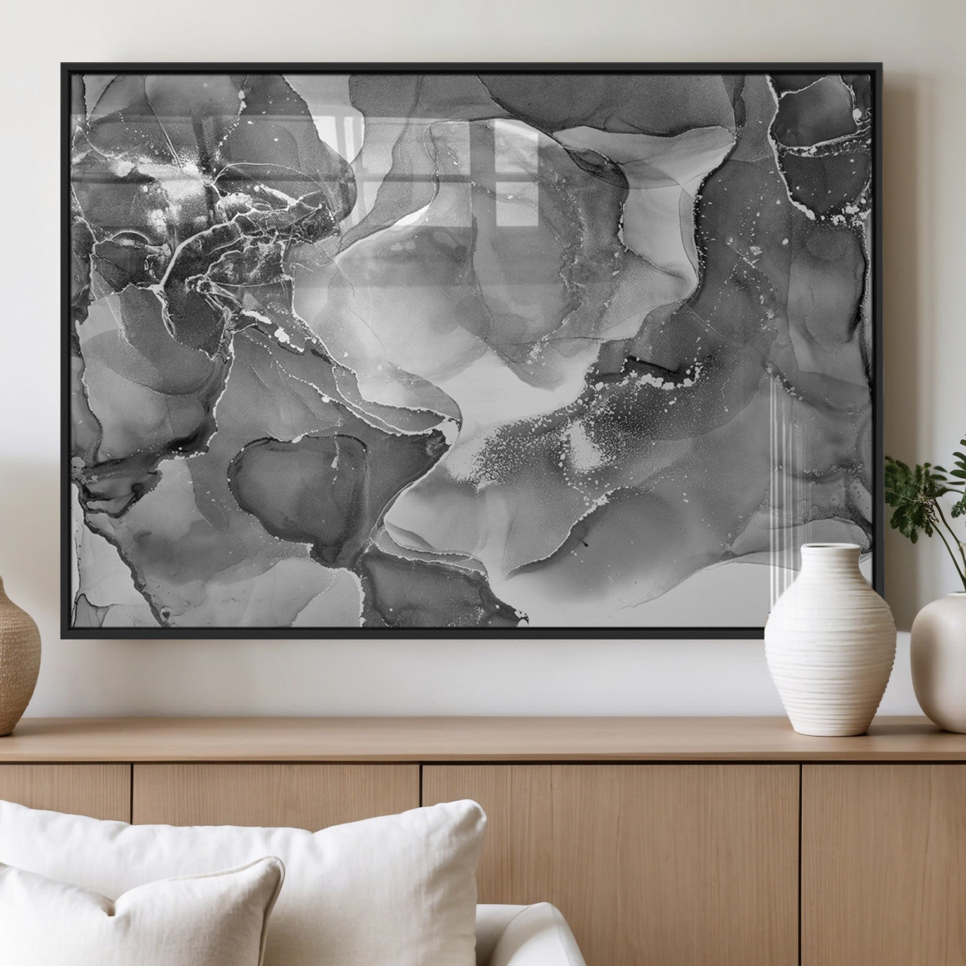 15911-MGV-FP-36X24-3P_Black-Black and White Abstract Wall Art – Modern Ink Swirl Canvas Print, Minimalist Contemporary Painting for Living Room, Bedroom,