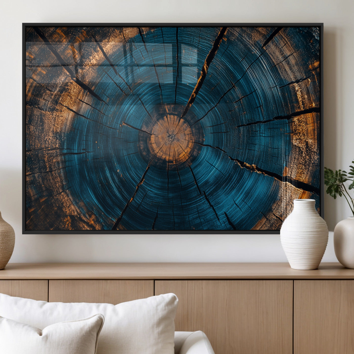 13398-MGV-FP-36X24-3P_Black-Tree Ring Wall Art – Abstract Wood Grain Canvas Print with Blue and Orange Accents, Rustic Nature Inspired Artwork for Living