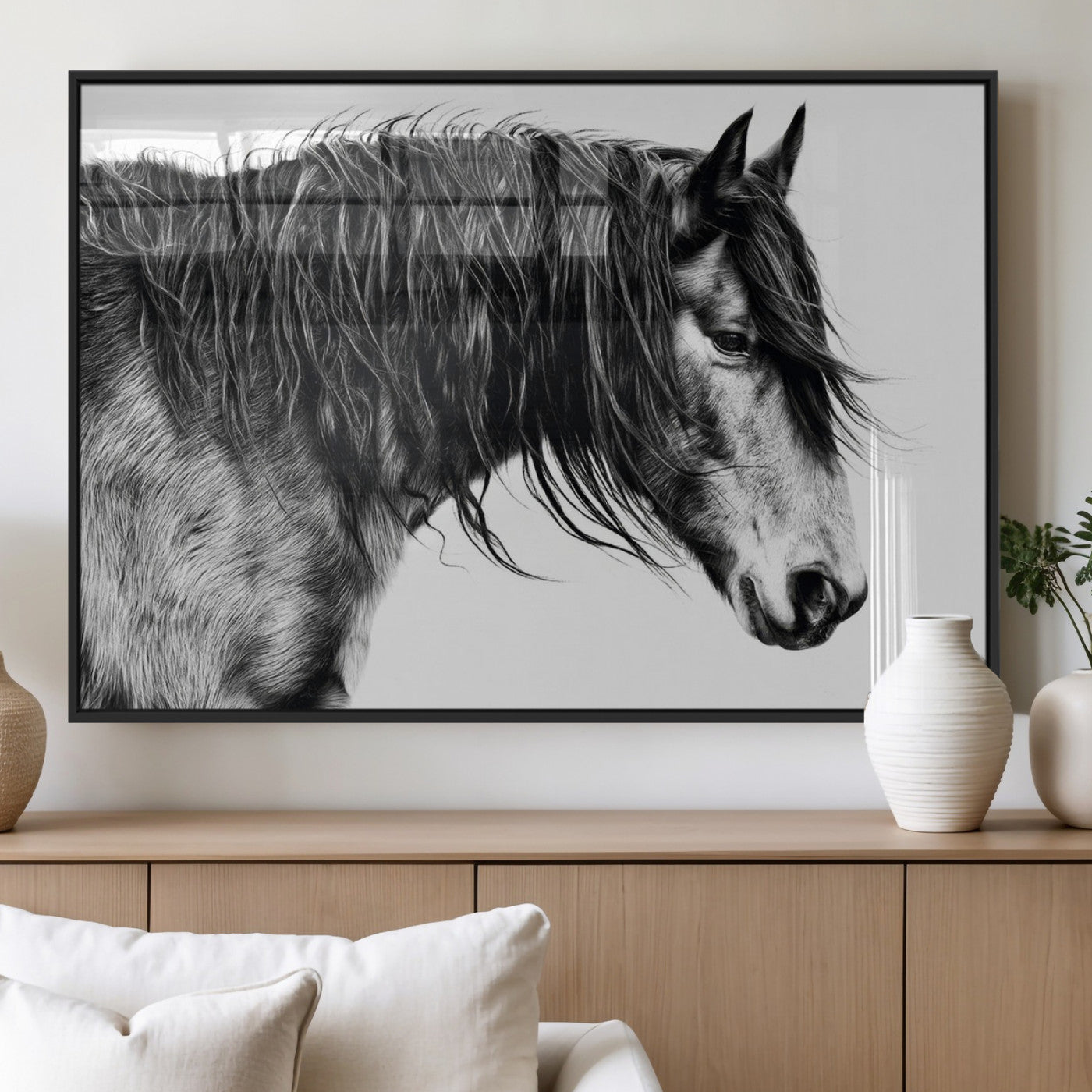 57694-MGV-FP-36X24-3P_Black-Horse Portrait Wall Art – Black and White Canvas Print with Detailed Stallion Profile, Rustic Farmhouse Equestrian Artwork for