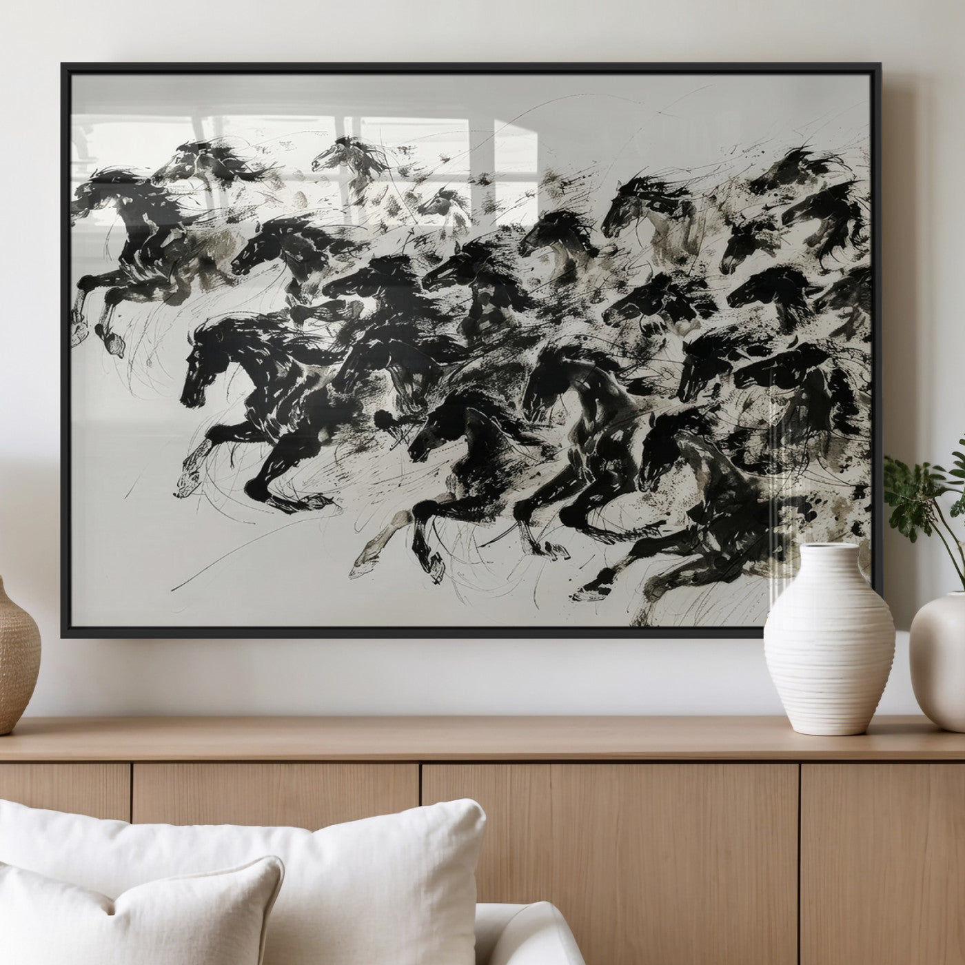 23069-MGV-FP-36X24-3P_Black-Galloping Horses Wall Art – Black Ink Painting on Canvas, Dynamic Equestrian Artwork with Running Stallions, Expressive Modern