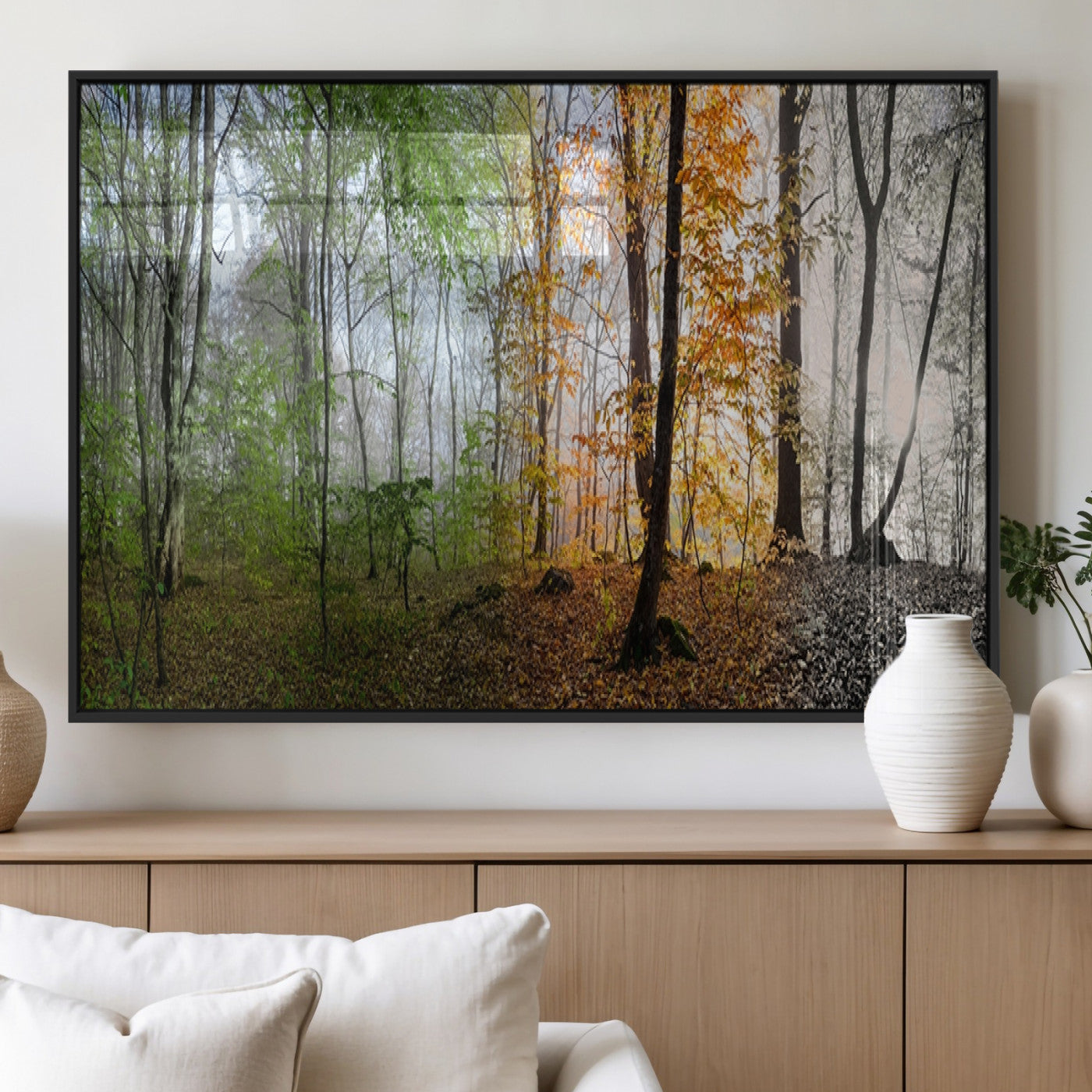 95317-MGV-FP-36X24-3P_Black-Four Seasons Forest Wall Art – Panoramic Nature Canvas Print Showing Spring, Summer, Autumn and Winter Landscape for Living Room,