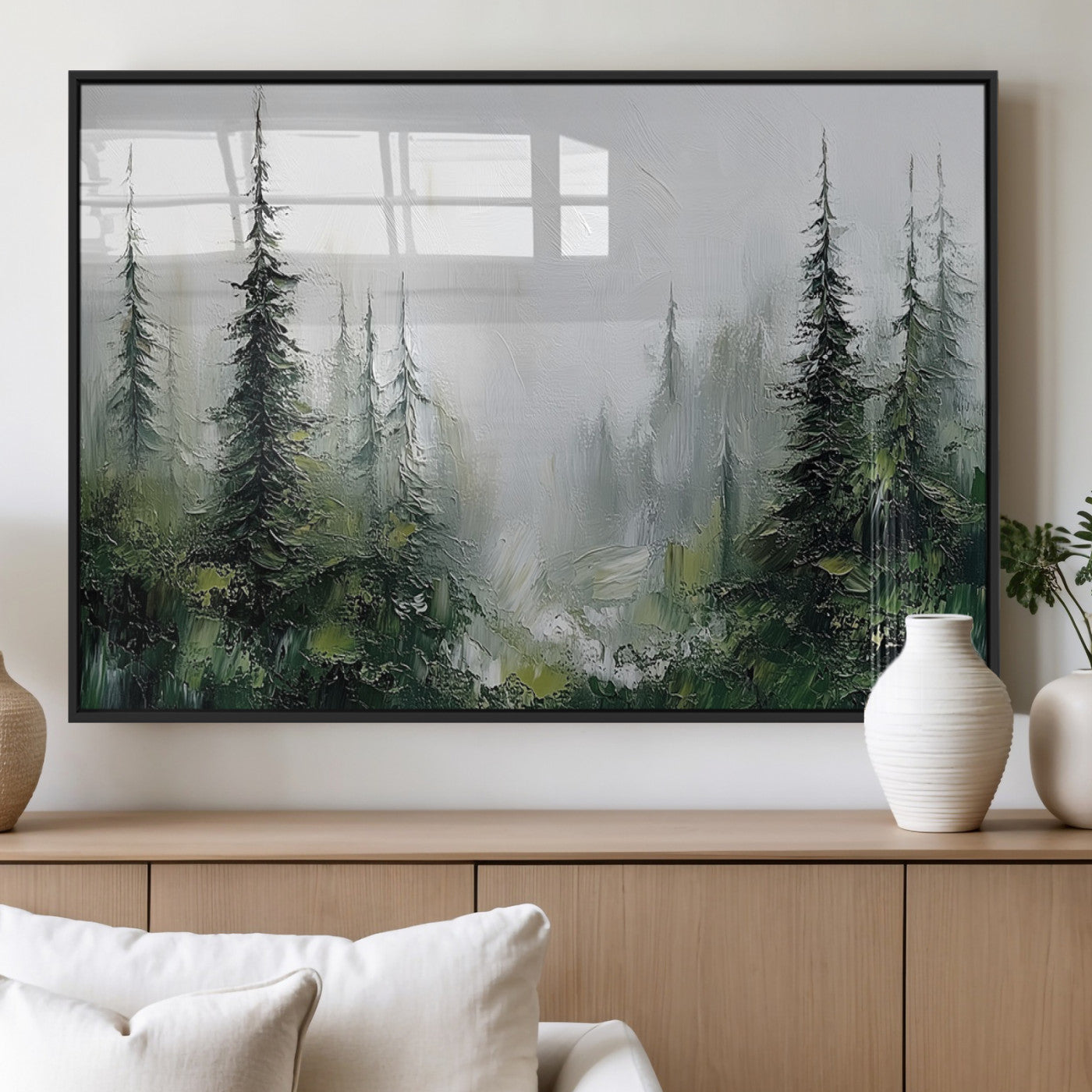 76014-MGV-FP-36X24-3P_Black-Forest Wall Art – Textured Canvas Print Featuring Misty Evergreen Pines and Woodland Landscape, Rustic Nature Artwork for Living
