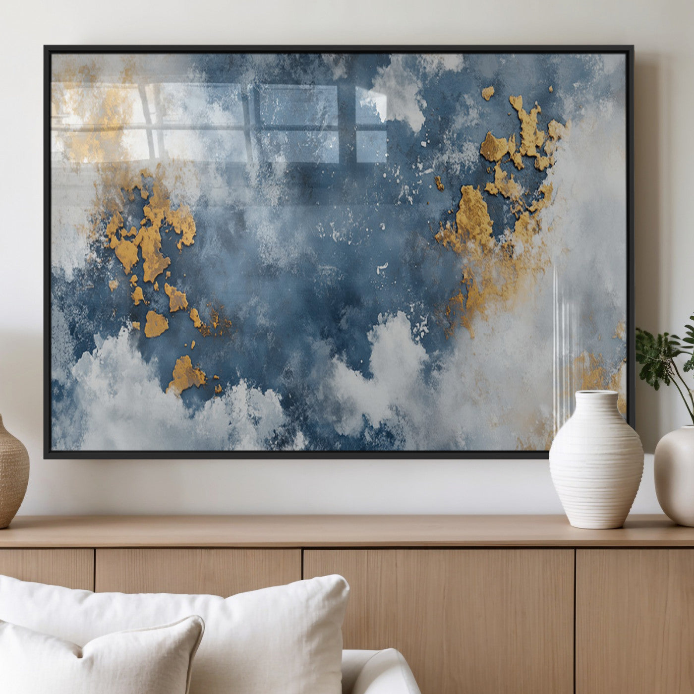 39575-MGV-FP-36X24-3P_Black-Blue and Gold Abstract Wall Art – Modern Canvas Print Featuring Cloudy Textures with Metallic Accents, Contemporary Artwork for