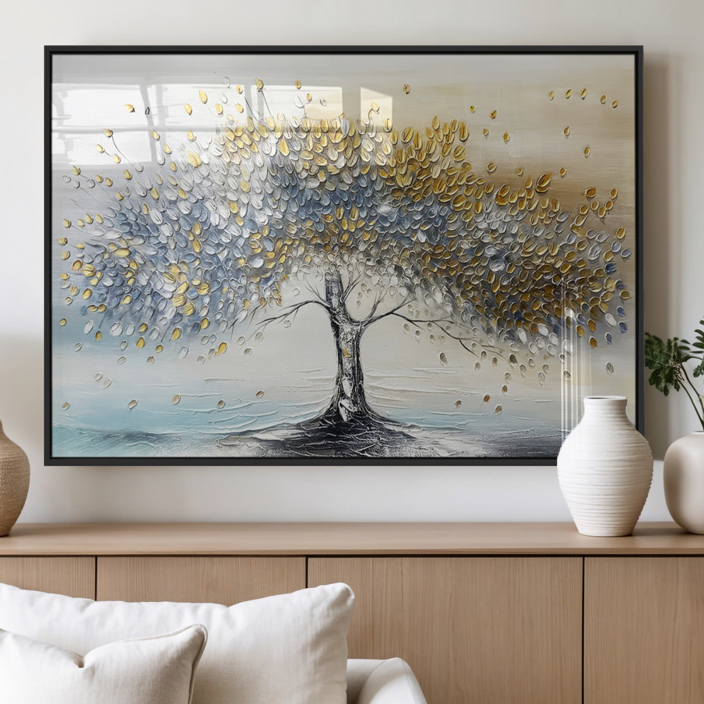 24771-MGV-FP-36X24-3P_Black-Silver Tree Wall Art Canvas Print, Framed Golden Leaves Art Picture Print, Metallic Tree Perfect Minimalist Luxury Decor Artwork
