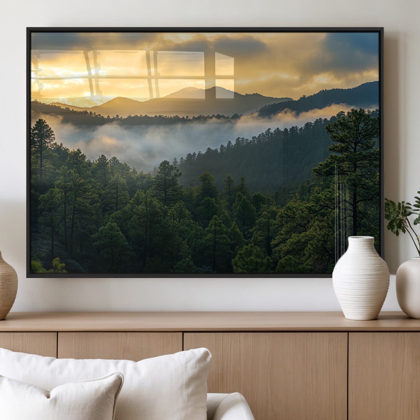 68082278-MGV-FP-36X24-3P_Black-Mountain Sunrise Wall Art Canvas Print, Framed Pine Forest Art Picture Print, Misty Mountains Perfect Earthy Woodland Decor