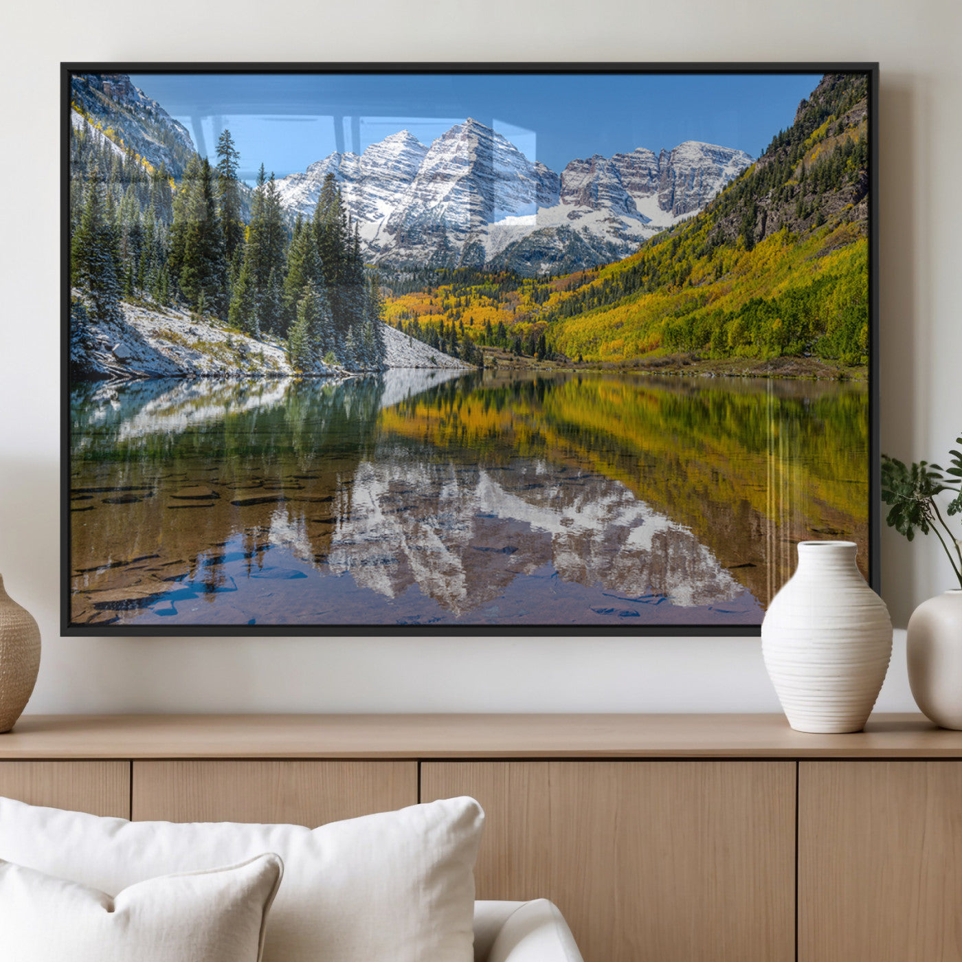 87724099-MGV-FP-36X24-3P_Black-Maroon Bells Wall Art Canvas Print, Framed Snowy Mountains Art Picture Print, Pine Forest Perfect Vibrant Alpine Decor Artwork