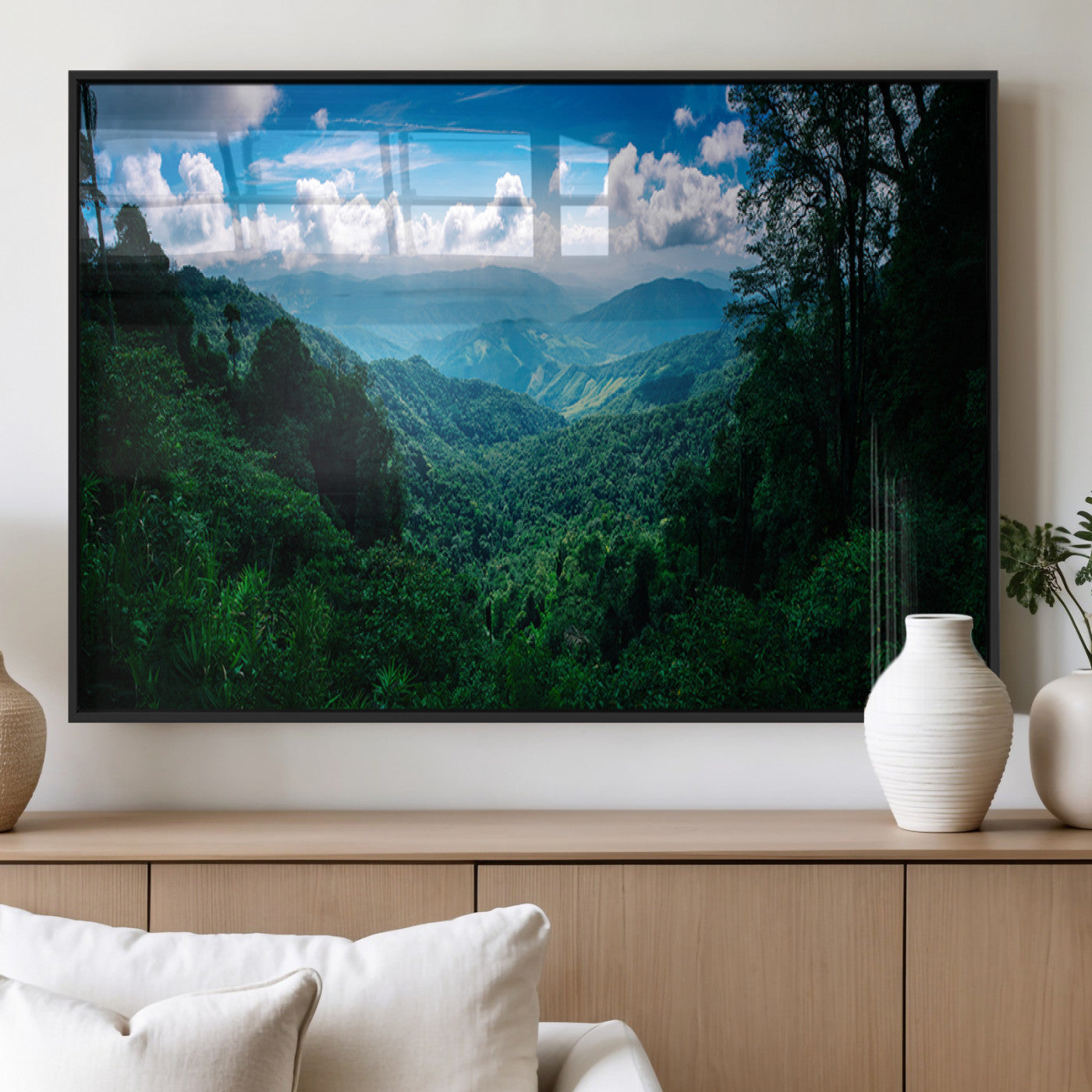 74439378-MGV-FP-36X24-3P_Black-Tropical Jungle Wall Art Canvas Print, Framed Lush Valley Art Picture Print, Forest Mountains Perfect Tropical Wilderness Decor