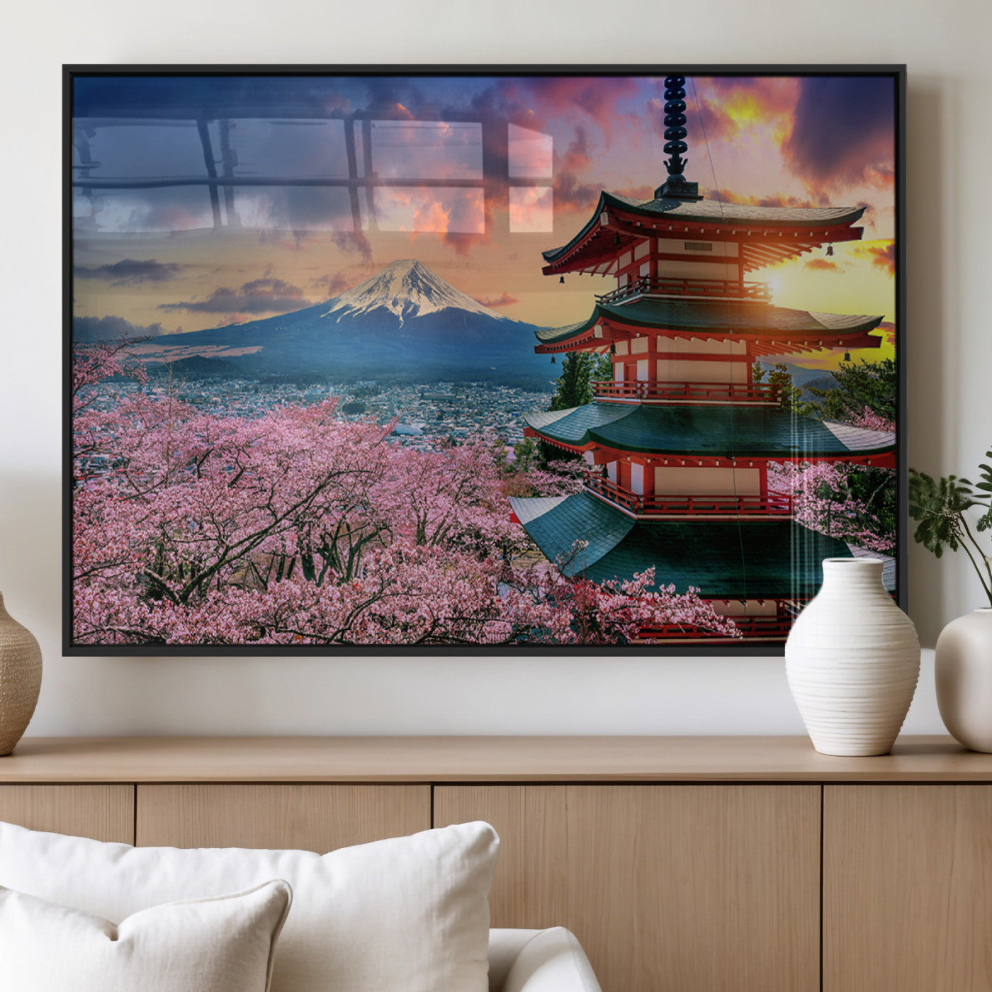 32331262-MGV-FP-36X24-3P_Black-Mount Fuji Japan Wall Art – Cherry Blossom Landscape Canvas Print, Chureito Pagoda Sunset Photography, Japanese Nature Travel