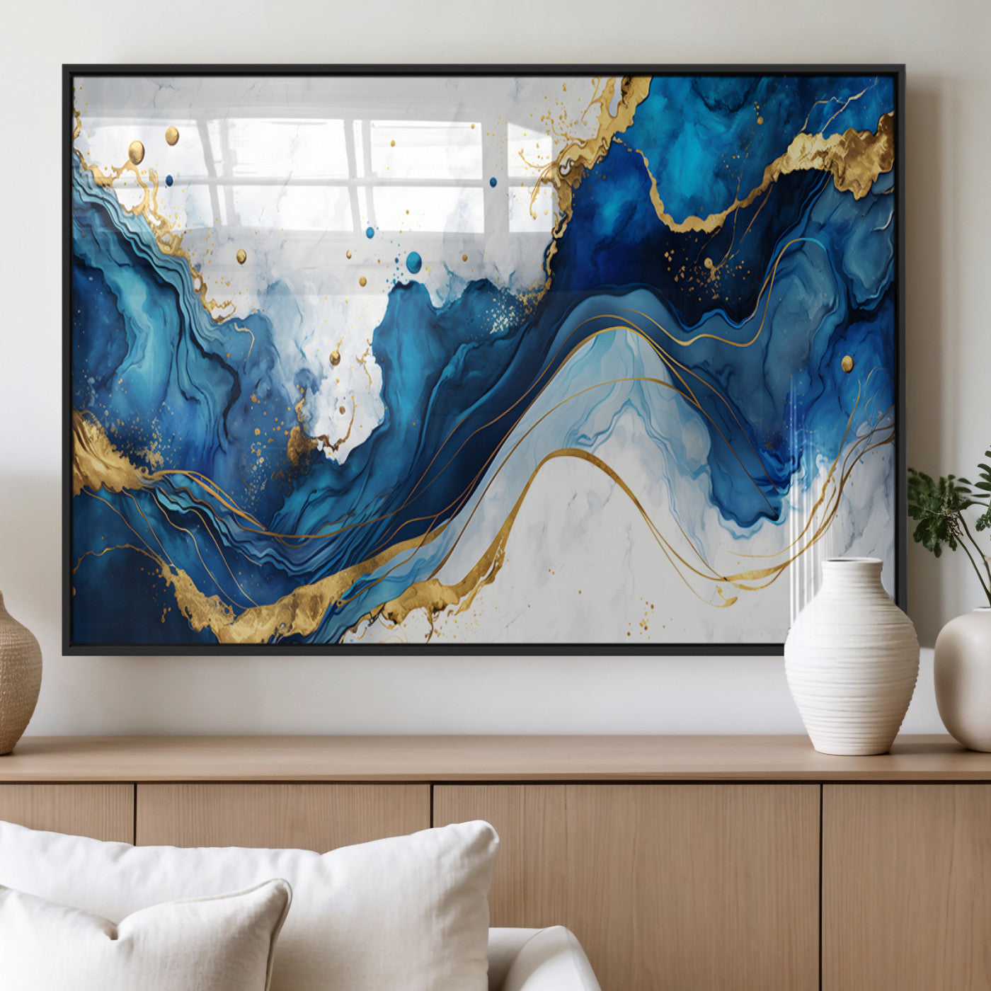 33506371-MGV-FP-36X24-3P_Black-Blue Marble Wall Art Canvas Print, Framed Gold Splash Art Picture Print, Abstract Wave Perfect Modern Luxe Decor Artwork