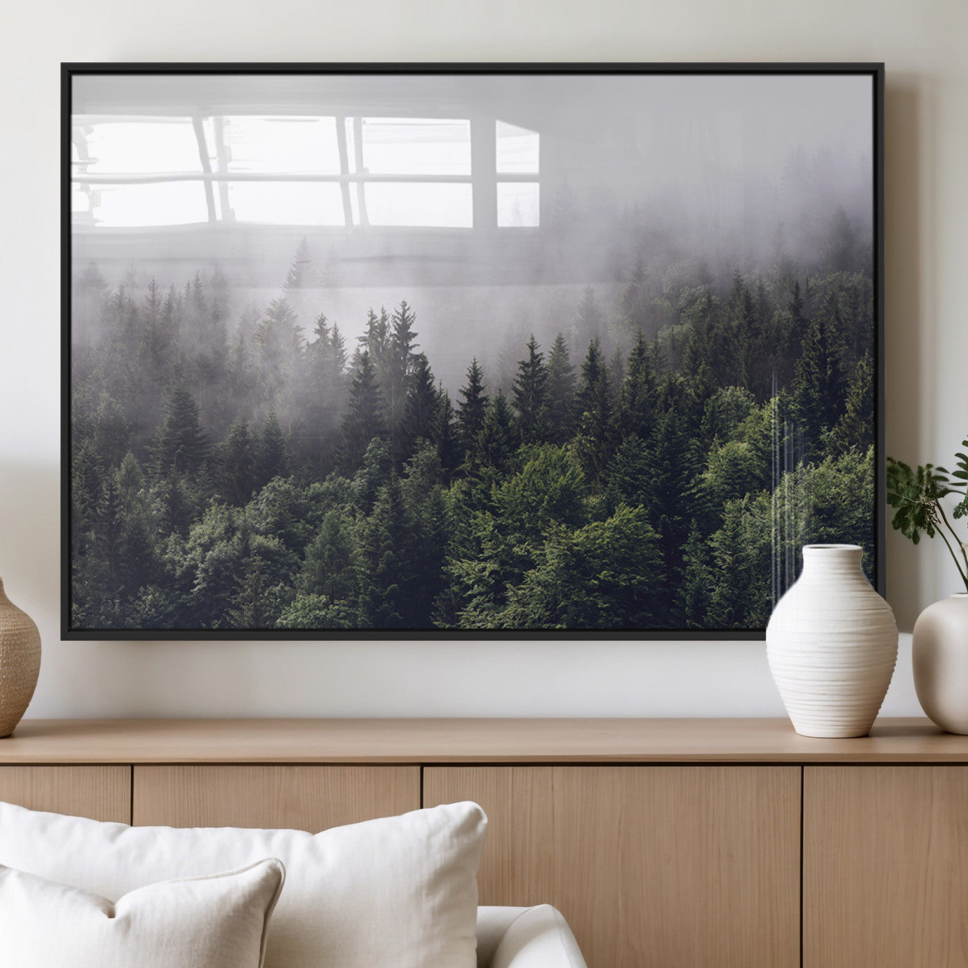 62890402-MGV-FP-36X24-3P_Black-Misty Forest Wall Art Canvas Print, Framed Foggy Pines Art Picture Print, Pine Valley Perfect Moody Woodland Decor Artwork