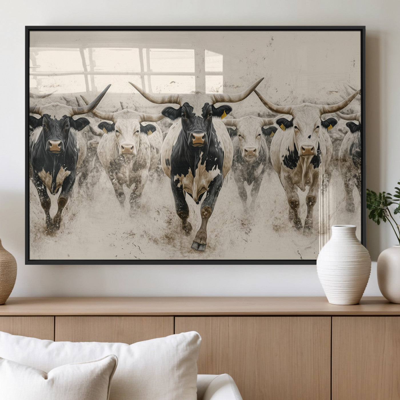 61538944-MGV-FP-36X24-3P_Black-Texas Longhorn Wall Art Canvas Print, Framed Cattles Walking Art Picture Print, Black White Bulls Perfect Rustic Western Decor