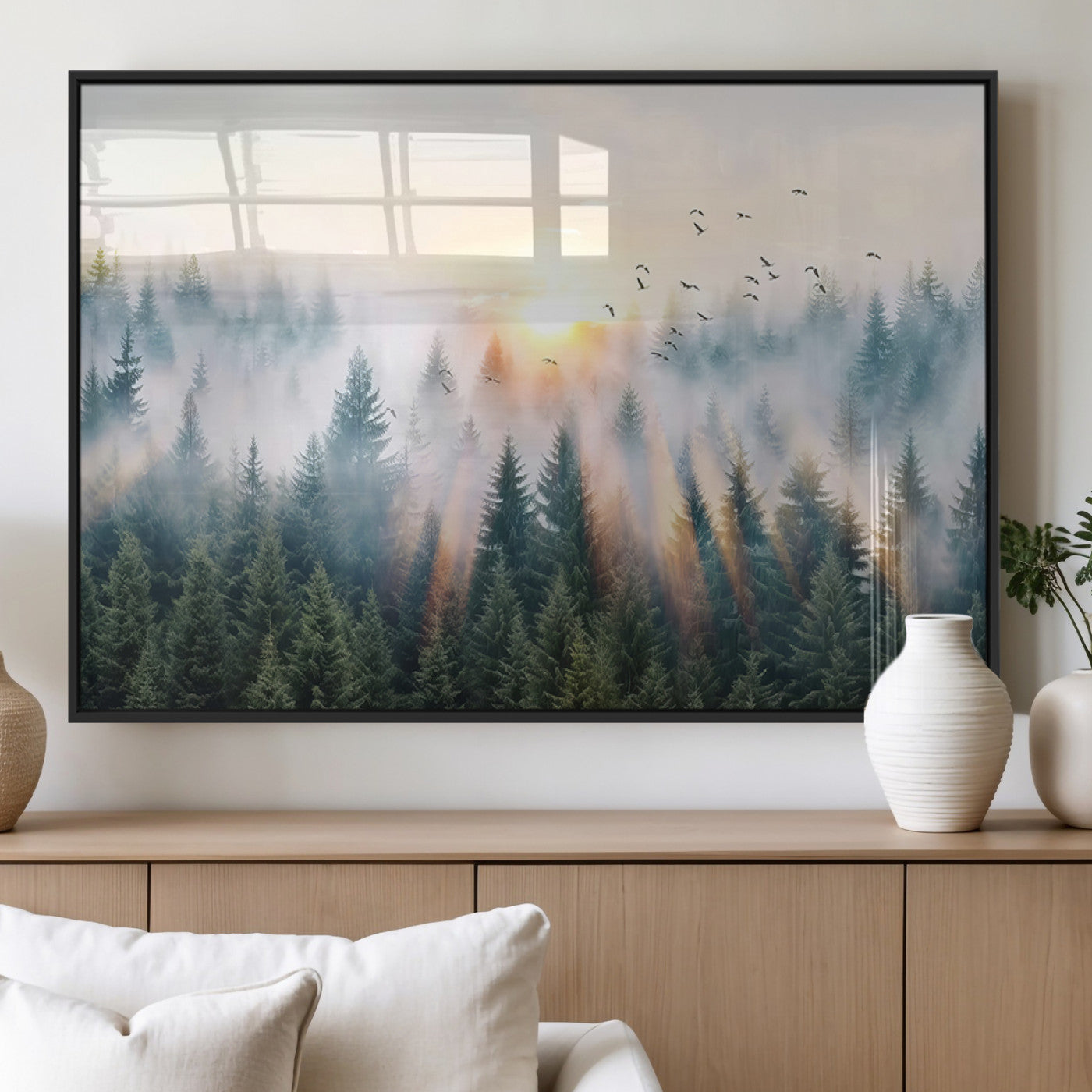 92718976-MGV-FP-36X24-3P_Black-Misty Forest Wall Art Canvas Print, Framed Sunrise Pines Art Picture Print, Foggy Woodland Perfect Moody Woodland Decor Artwork